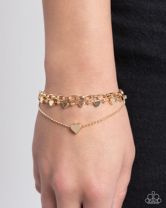 Endearing Ending - Gold Heart, Gold Ball Cain, & Gold Paperclip Chain Paparazzi Tennis Bracelet