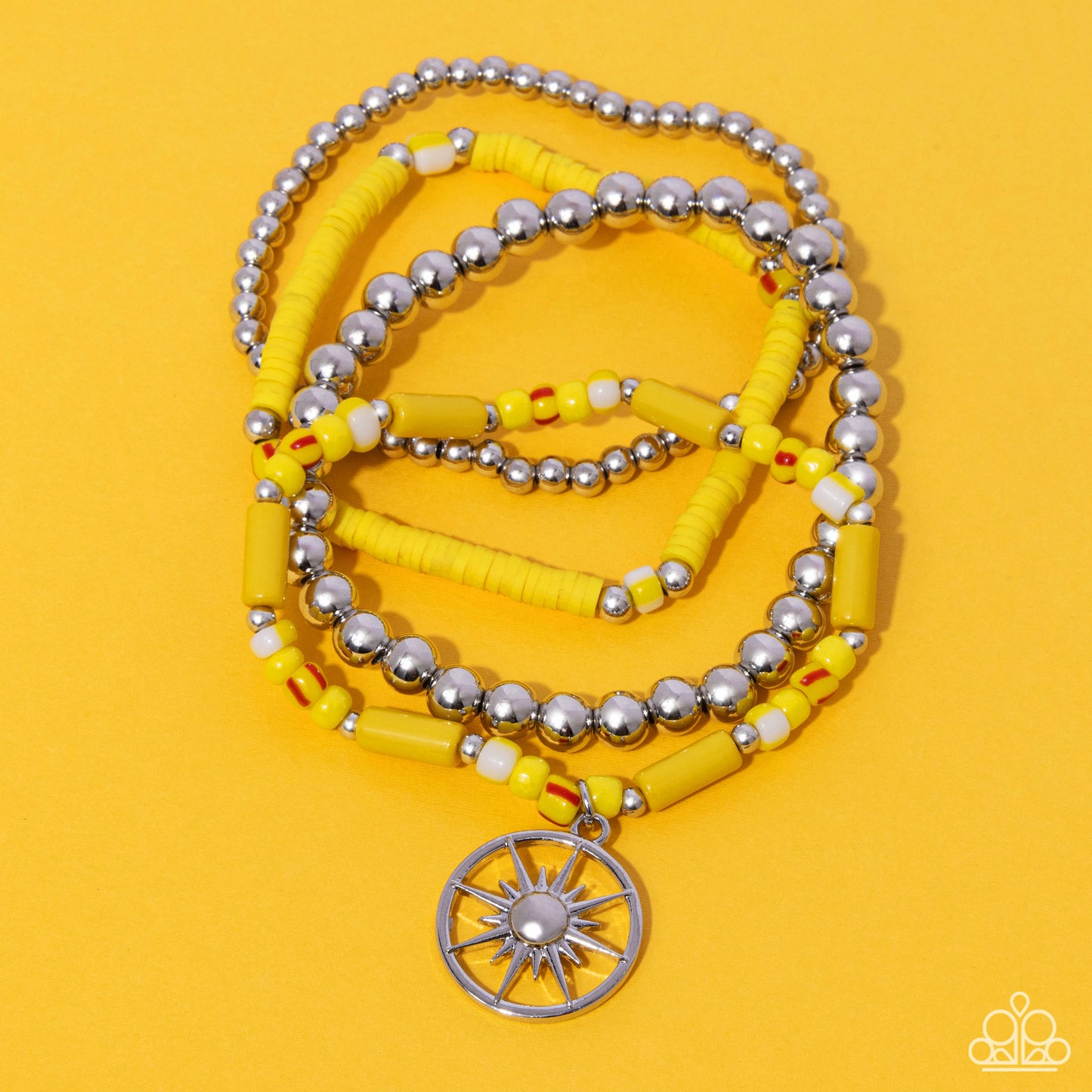 Nuanced Navigator - Yellow, Silver, & White Beeads/Silver Compass Paparazzi Stretch Bracelets