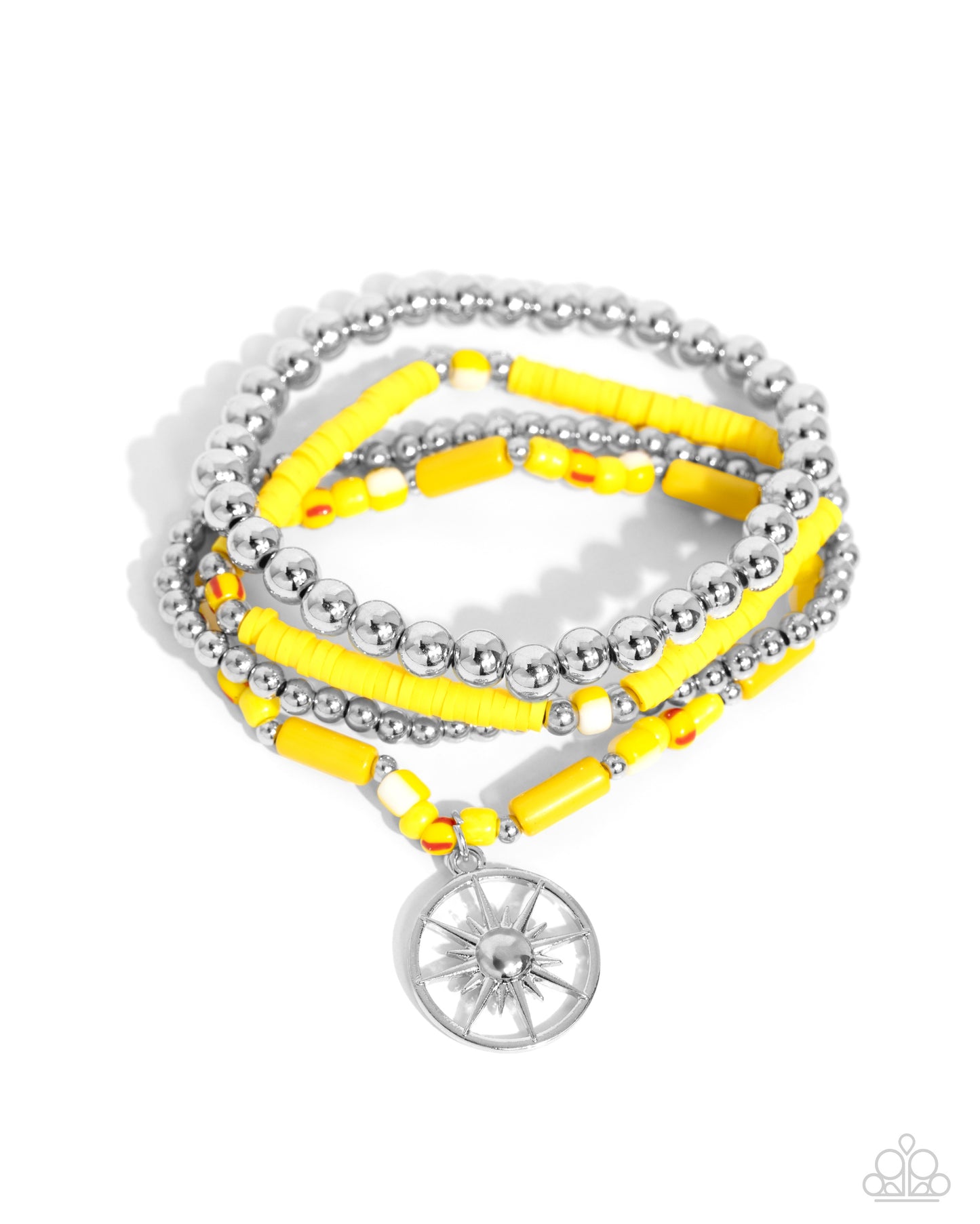 Nuanced Navigator - Yellow, Silver, & White Beeads/Silver Compass Paparazzi Stretch Bracelets