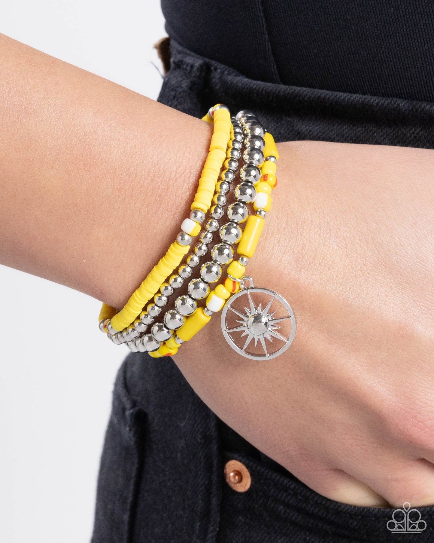 Nuanced Navigator - Yellow, Silver, & White Beeads/Silver Compass Paparazzi Stretch Bracelets