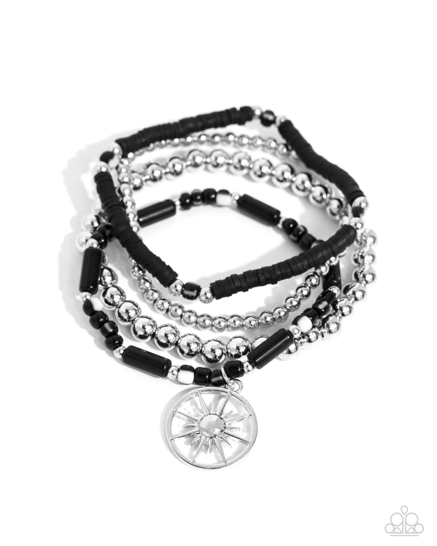 Nuanced Navigator - Black/Silver Beads, Clay Discs, & Sunburst Compass. Charm Paparazzi Stretch Bracelets