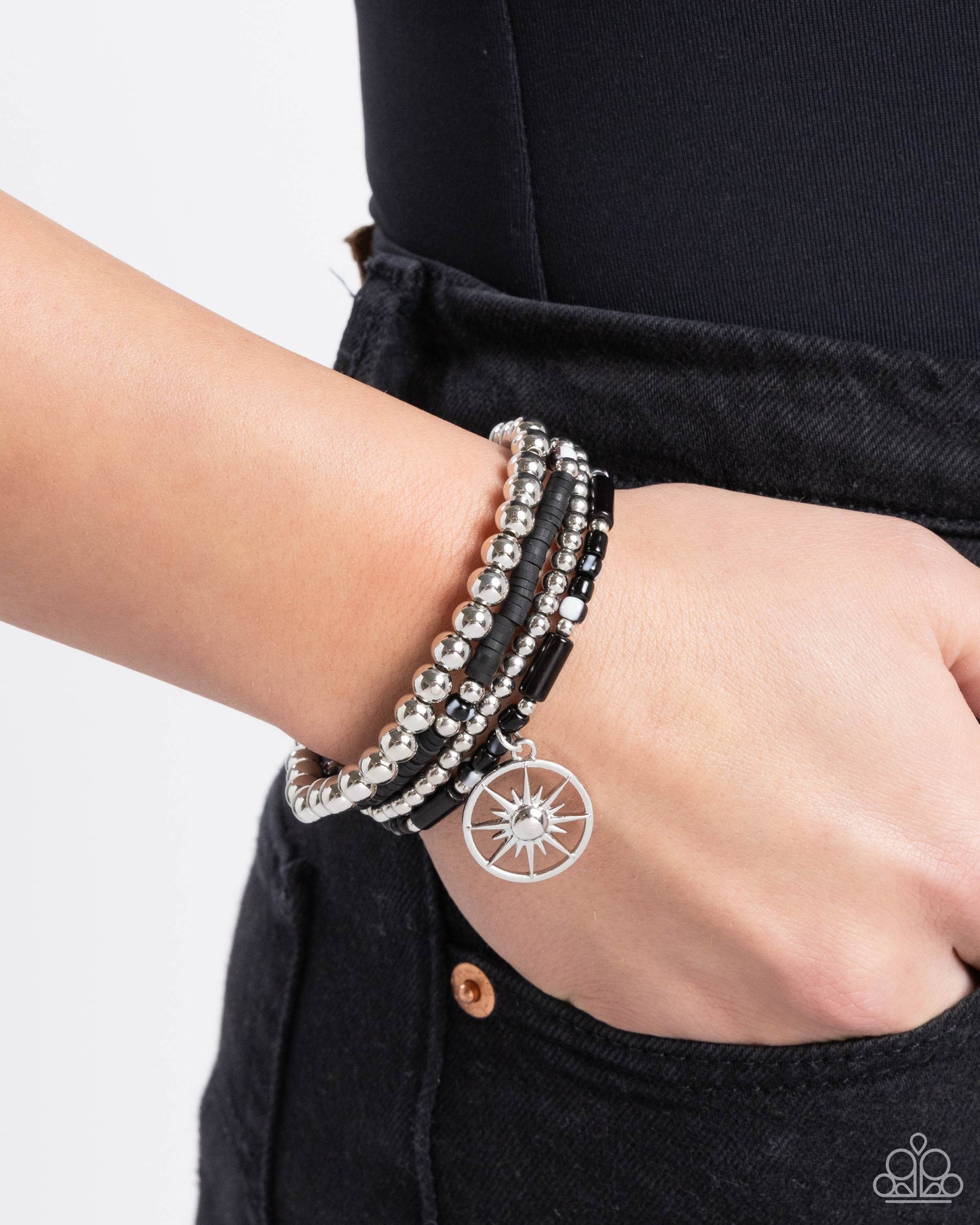 Nuanced Navigator - Black/Silver Beads, Clay Discs, & Sunburst Compass. Charm Paparazzi Stretch Bracelets