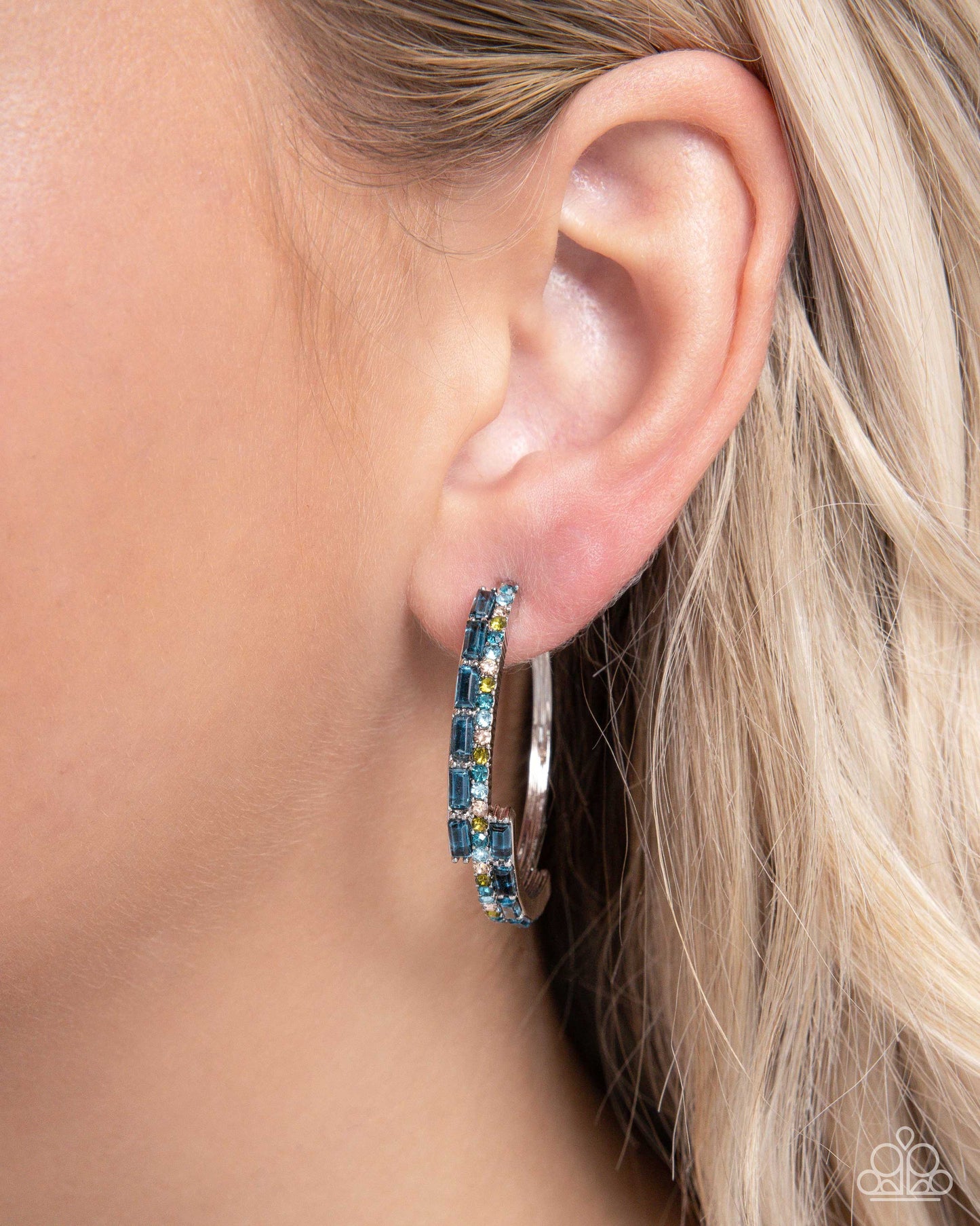 Ritzy Reputation - Blue Rhinestone Infused Silver Hoop Paparazzi Earrings