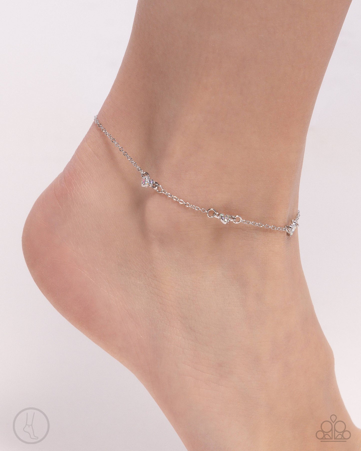 Love Me Hopeless - Multicolored Iridescent Rhinestones/Dainty Silver Hearts Paparazzi Anklet