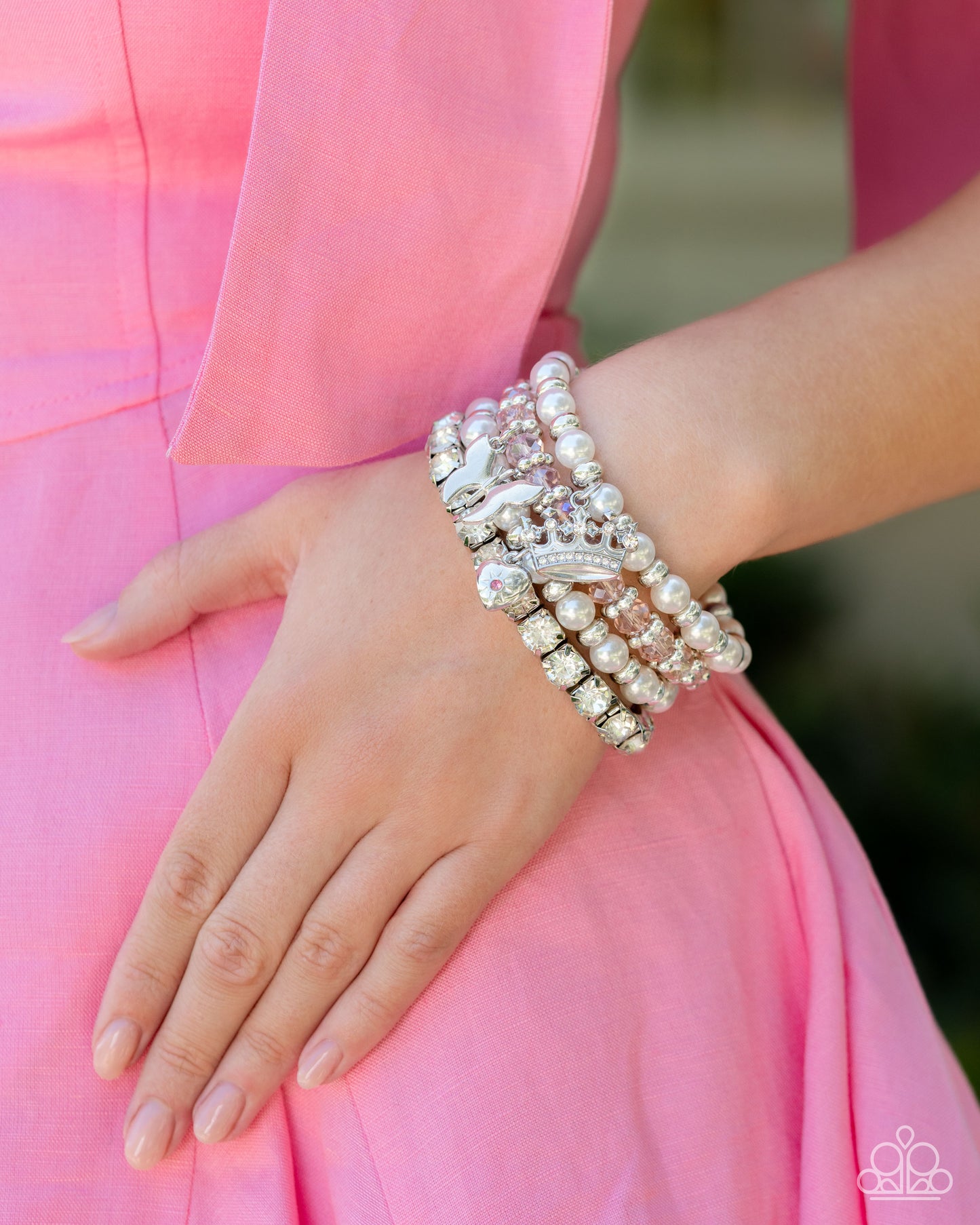 Feminine Charm - Pink Beads, Silver Discs, White Pearls, & White Rhinestone Set of 4 Paparazzi Stretch Bracelets