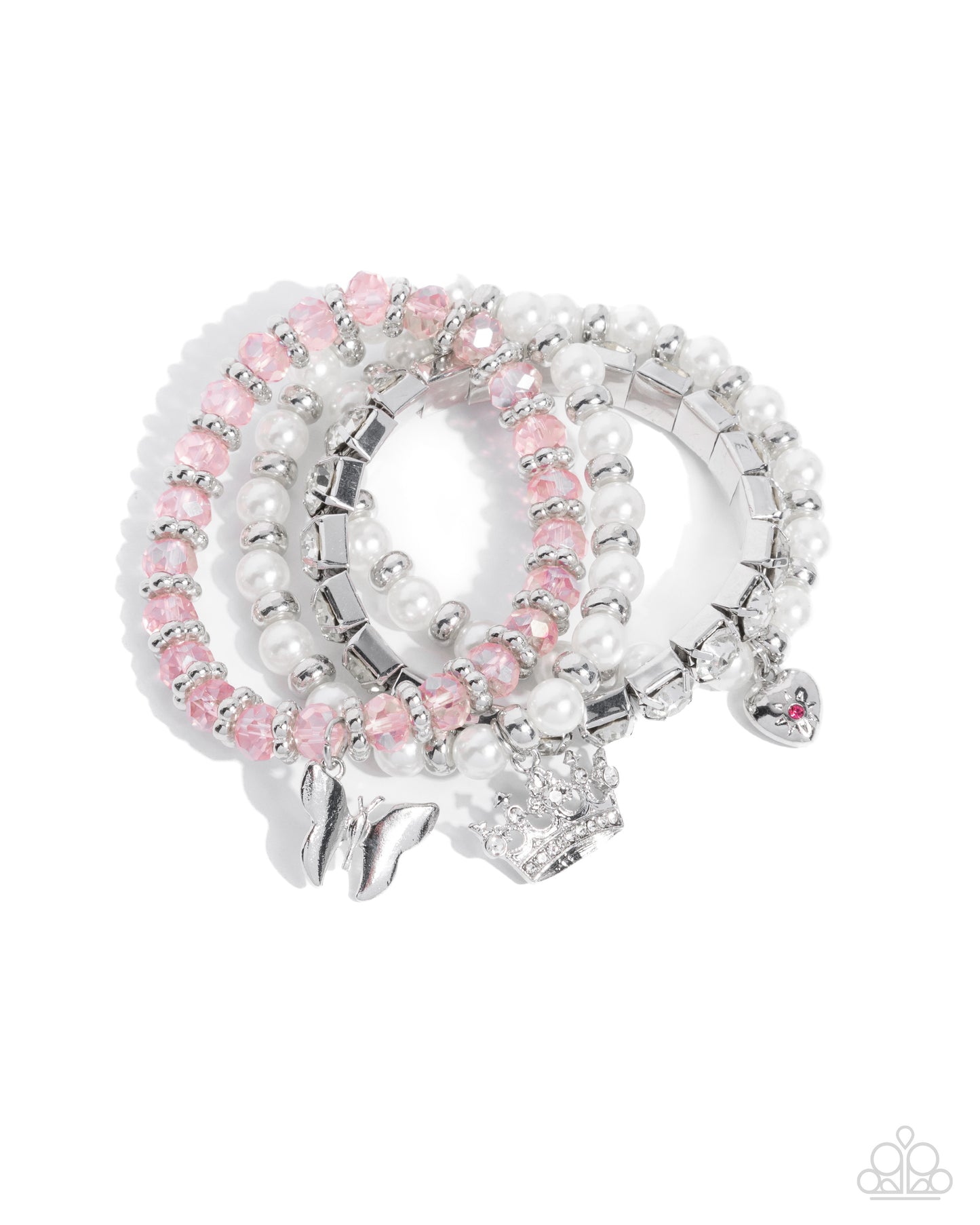 Feminine Charm - Pink Beads, Silver Discs, White Pearls, & White Rhinestone Set of 4 Paparazzi Stretch Bracelets