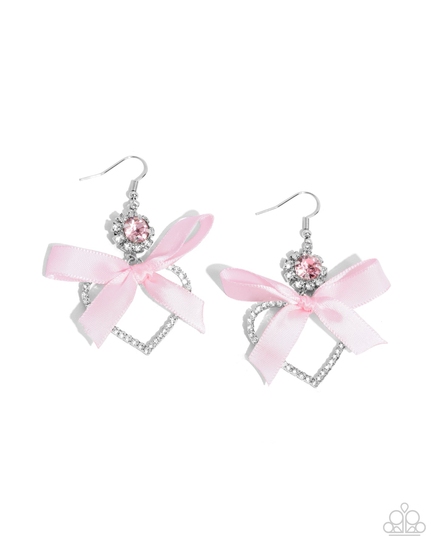Kawaii Keepsake - Pink Ribbon, Pink Gem, & White Rhinestone Heart Paparazzi Earrings