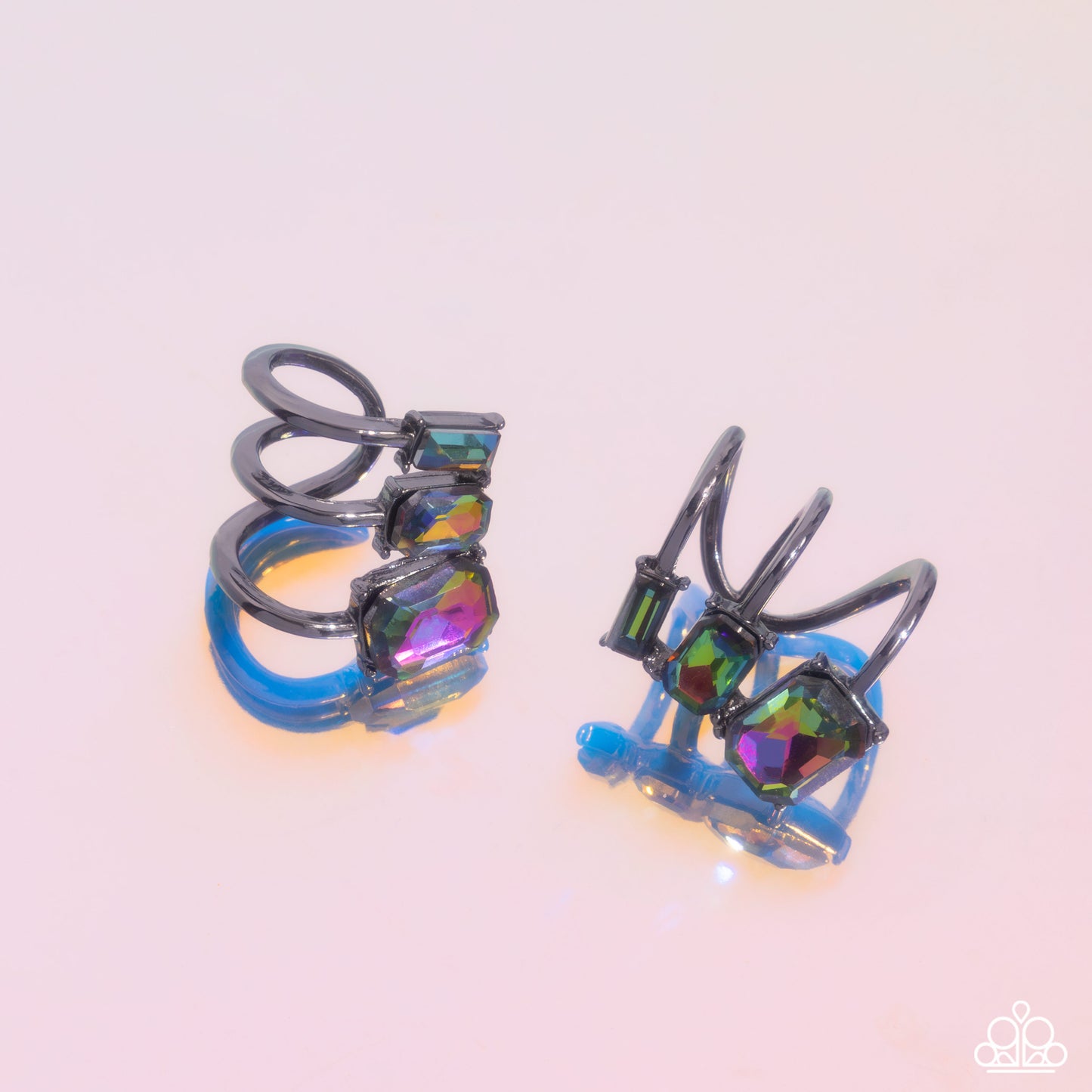 Impressive Shimmer - Multi Oil Spill Emerald-Cut Gems Paparazzi Ear Crawler Earrings