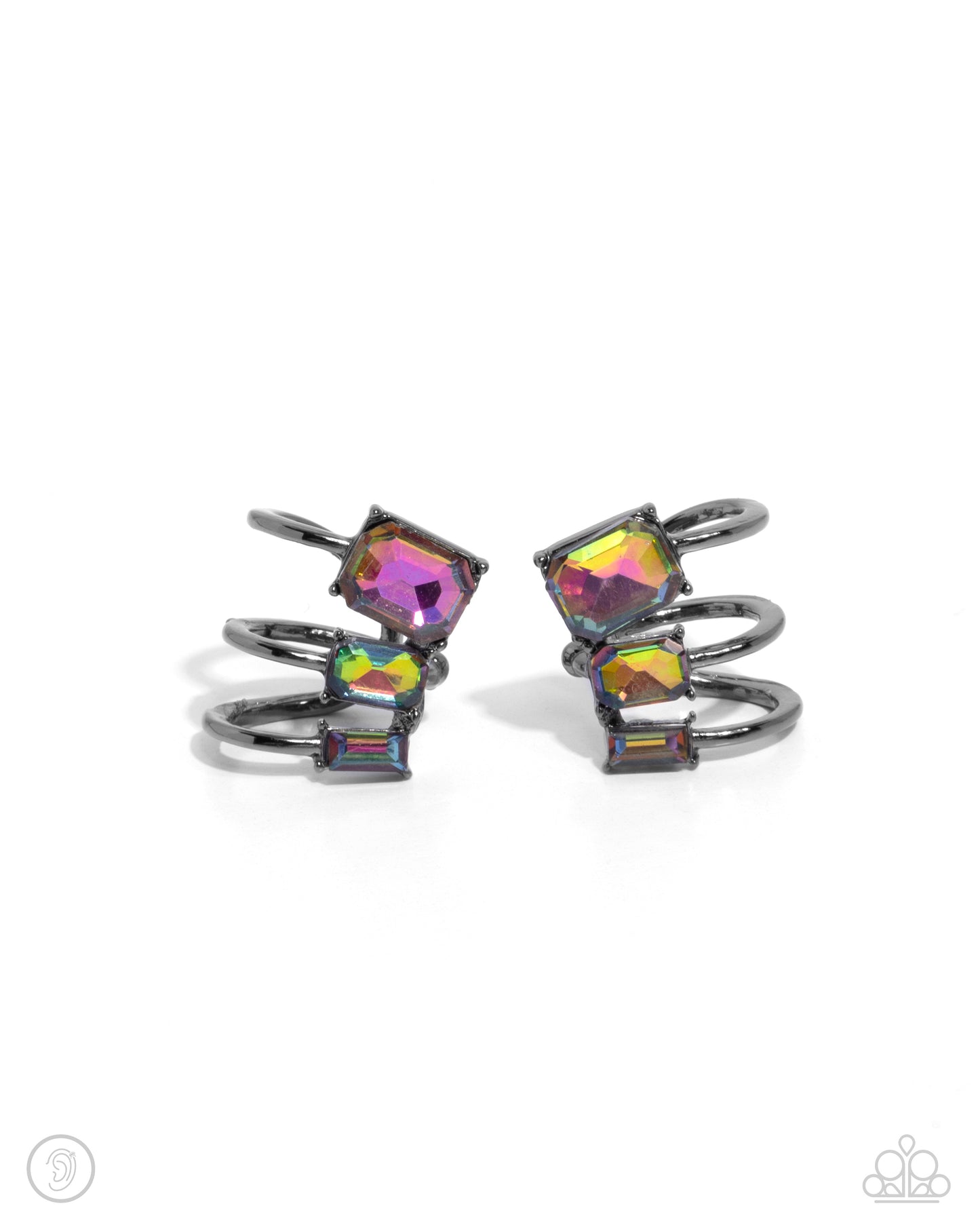 Impressive Shimmer - Multi Oil Spill Emerald-Cut Gems Paparazzi Ear Crawler Earrings