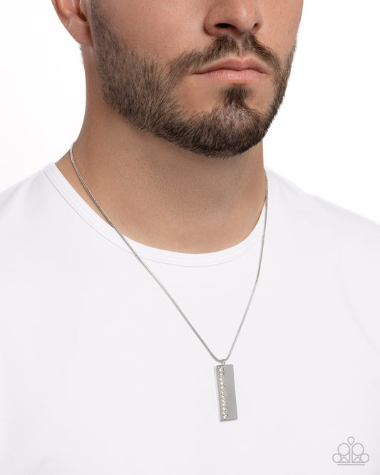 Stare Down - White Embedded Rhinestones/Silver Pendant Paparazzi Men's Necklace