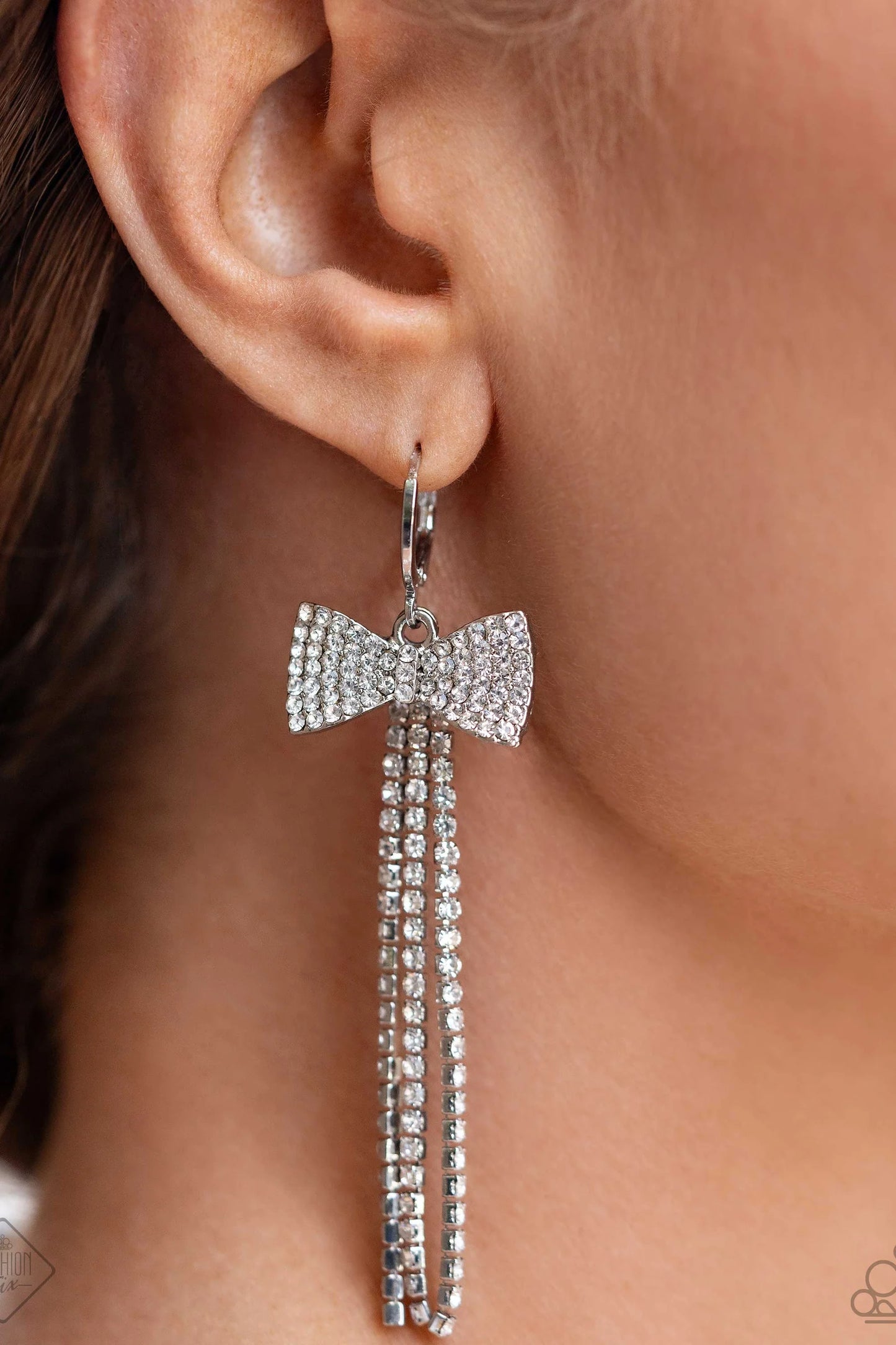 Dashing Daydream - White Rhinestone Embellished Bow Paparazzi Hoop Earrings