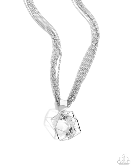 Eager Elegance - White Crystal-Like Gem/Hexagonal Silver Ball Pendant Paparazzi Necklace & matching earrings