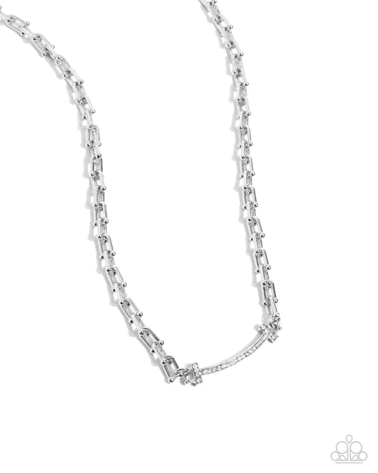 Anchored Actress - White Rhinestone Embellished Silver Bar Paparazzi Necklace & matching earrings