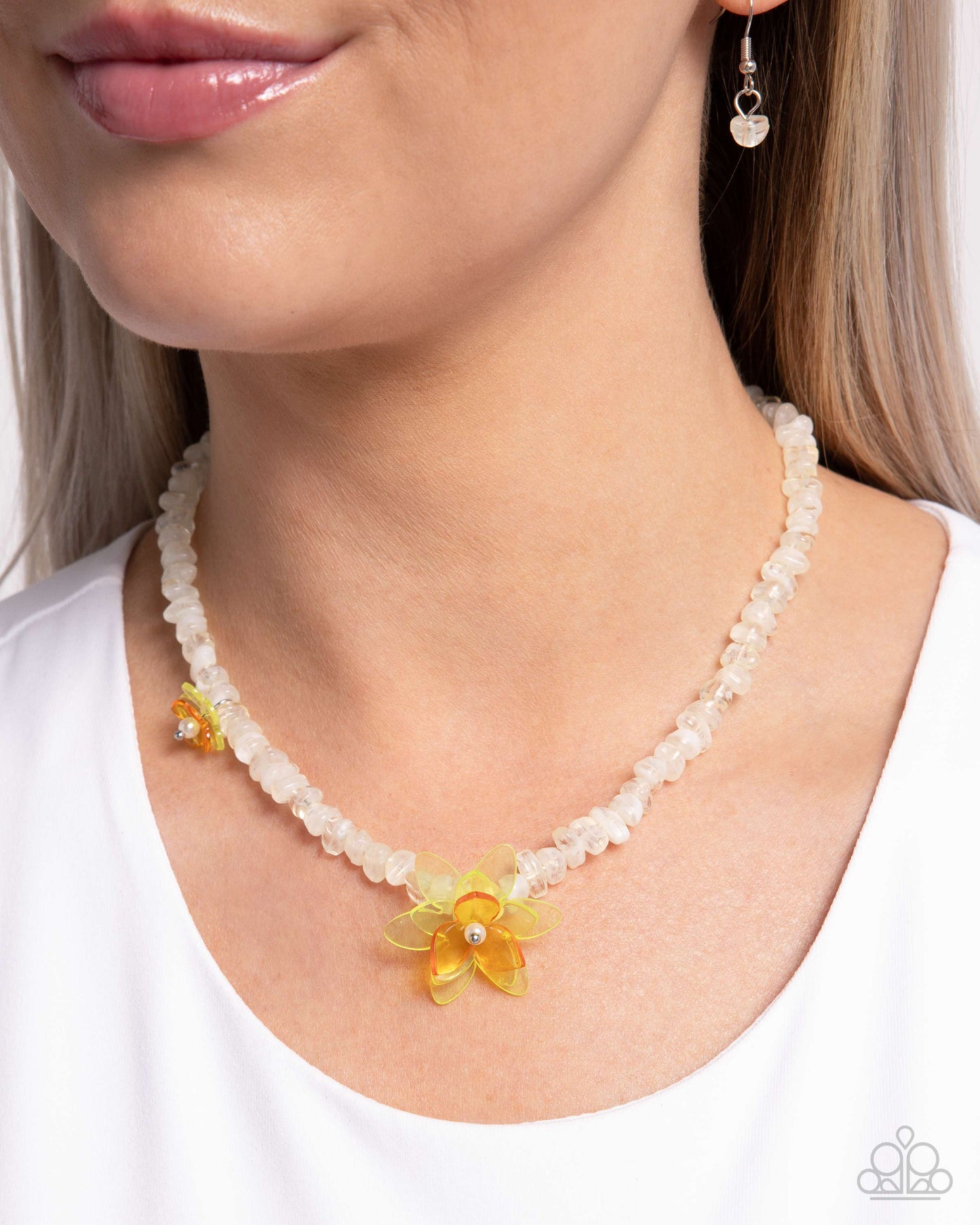 Malibu Master - Yellow/Saffron Flowers/Ivory Beaded Paparazzi Necklace & matching earrings