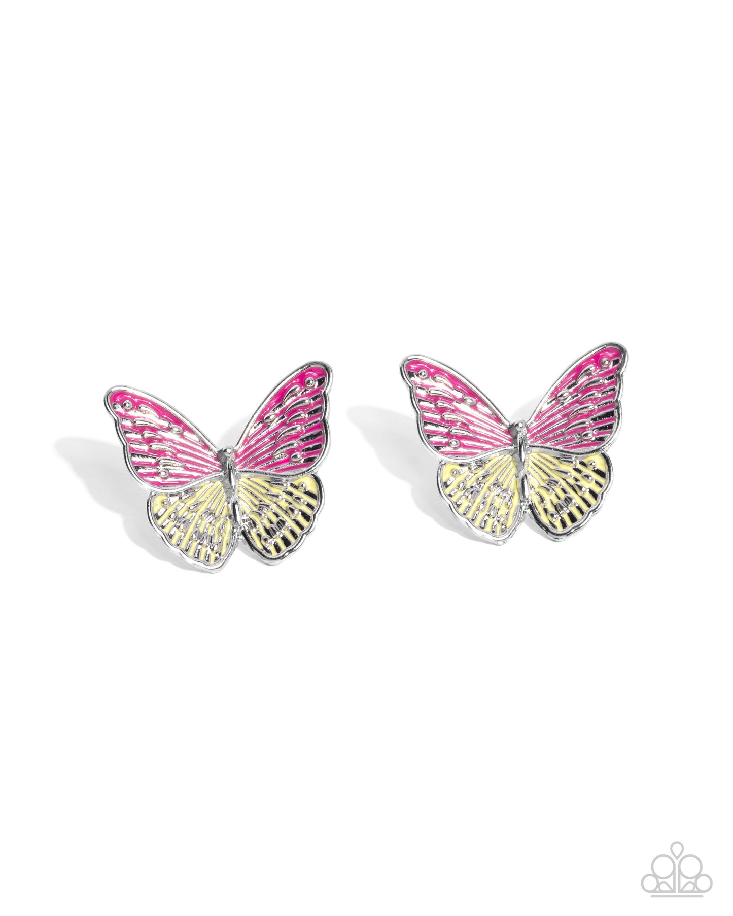 Aerial Appreciation - Pink & Yellow Painted Silver Textured Butterfly Paparazzi Earrings