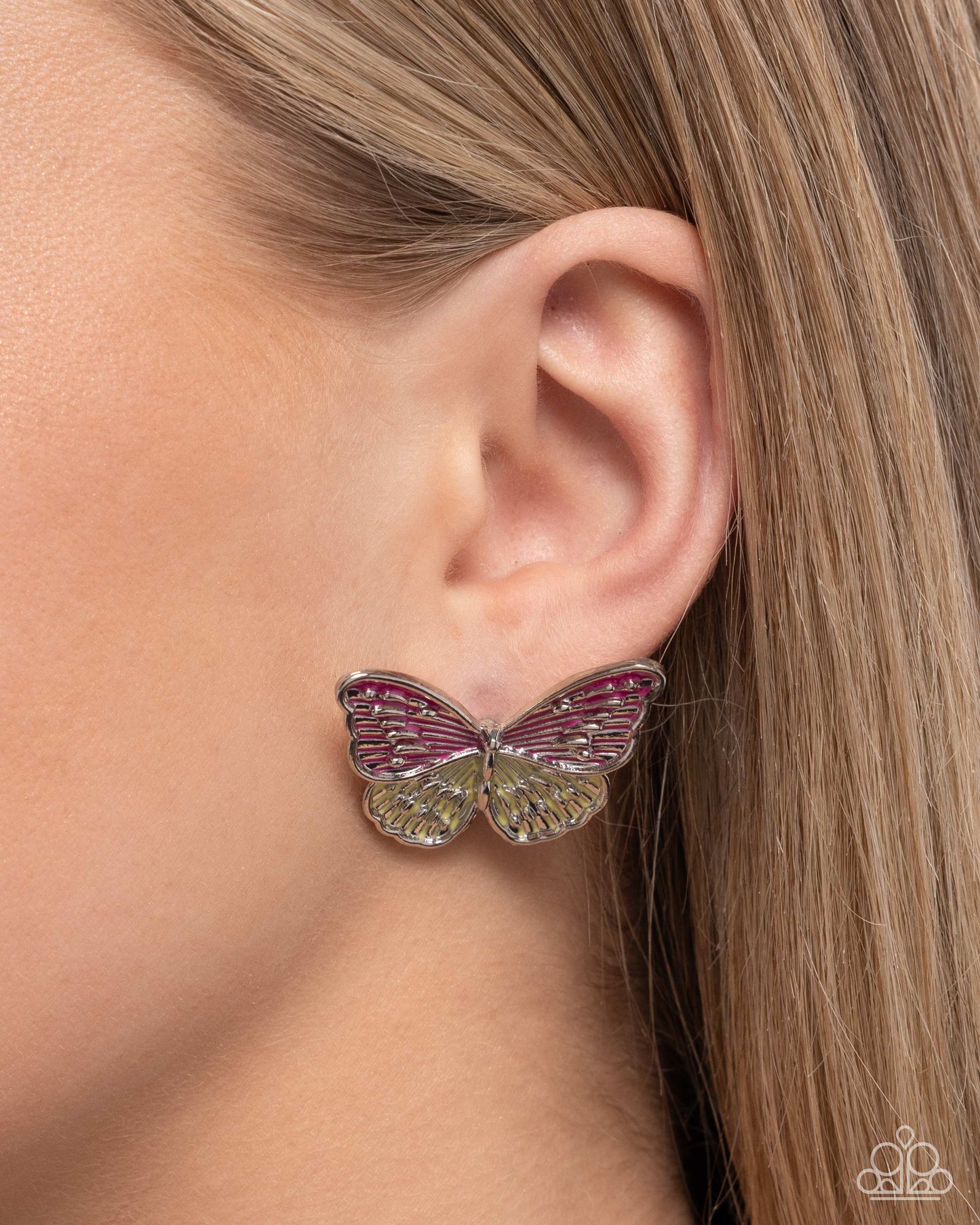 Aerial Appreciation - Pink & Yellow Painted Silver Textured Butterfly Paparazzi Earrings