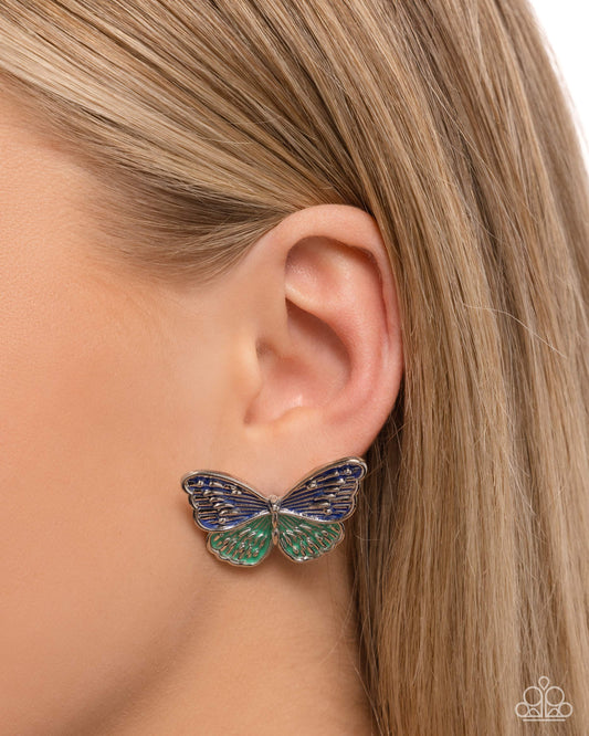 Aerial Appreciation - Blue & Green Painted Butterfly Paparazzi Post Earrings
