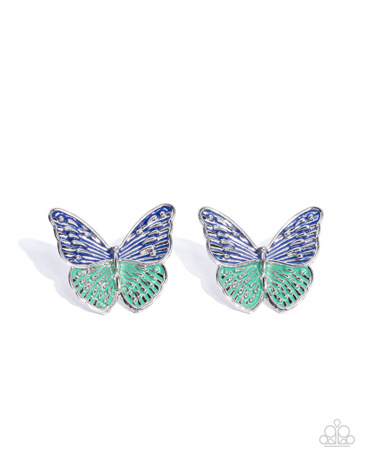 Aerial Appreciation - Blue & Green Painted Butterfly Paparazzi Post Earrings