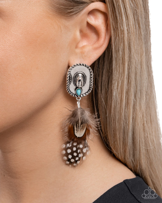 Feathered Fairy Tale - Brown-Spotted Feathers, Turquoise Stone, Silver Cowboy Hat Paparazzi Earrings