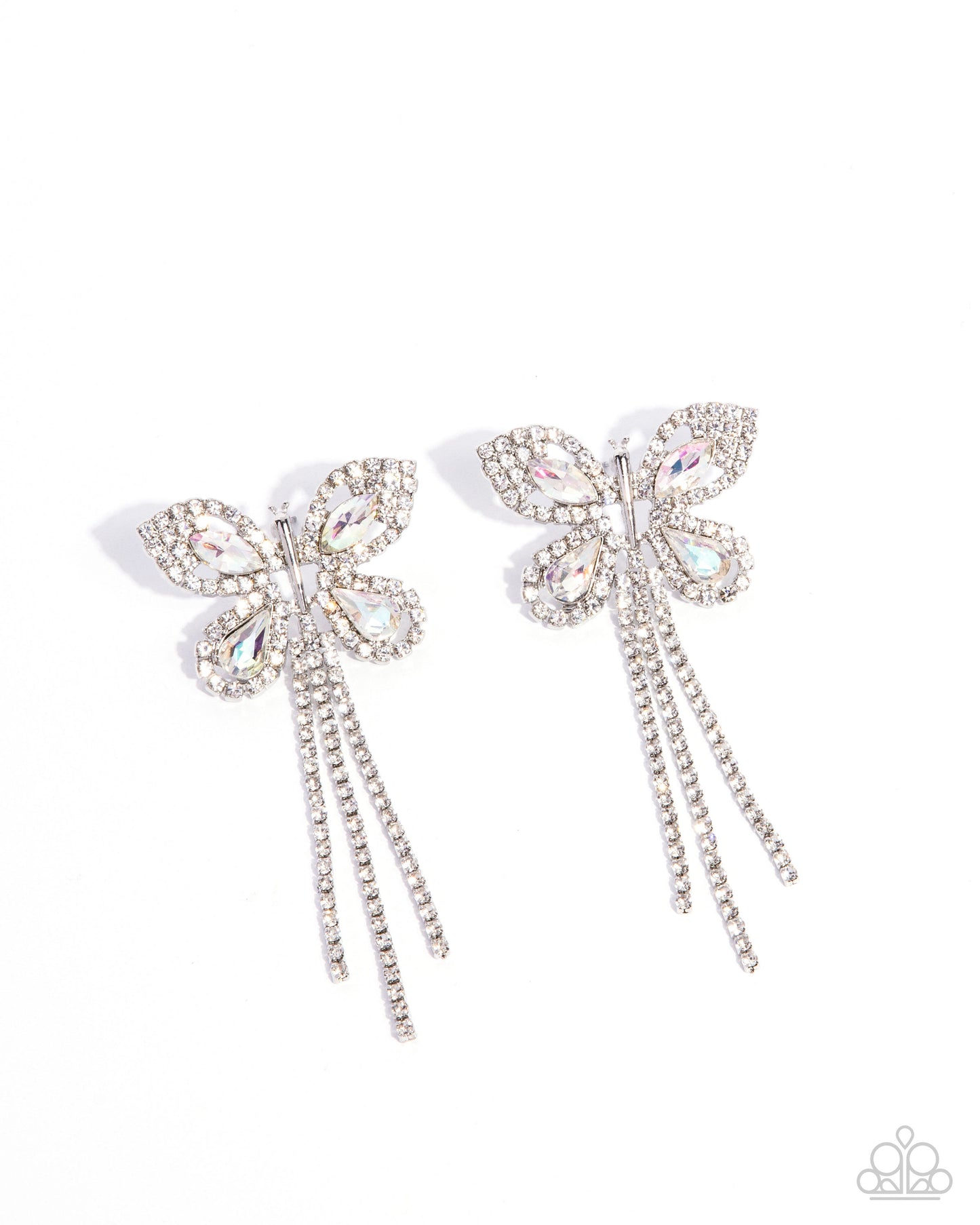 Next SOAR - White Rhinestone & Iridescent Gem Butterfly Paparazzi Earrings