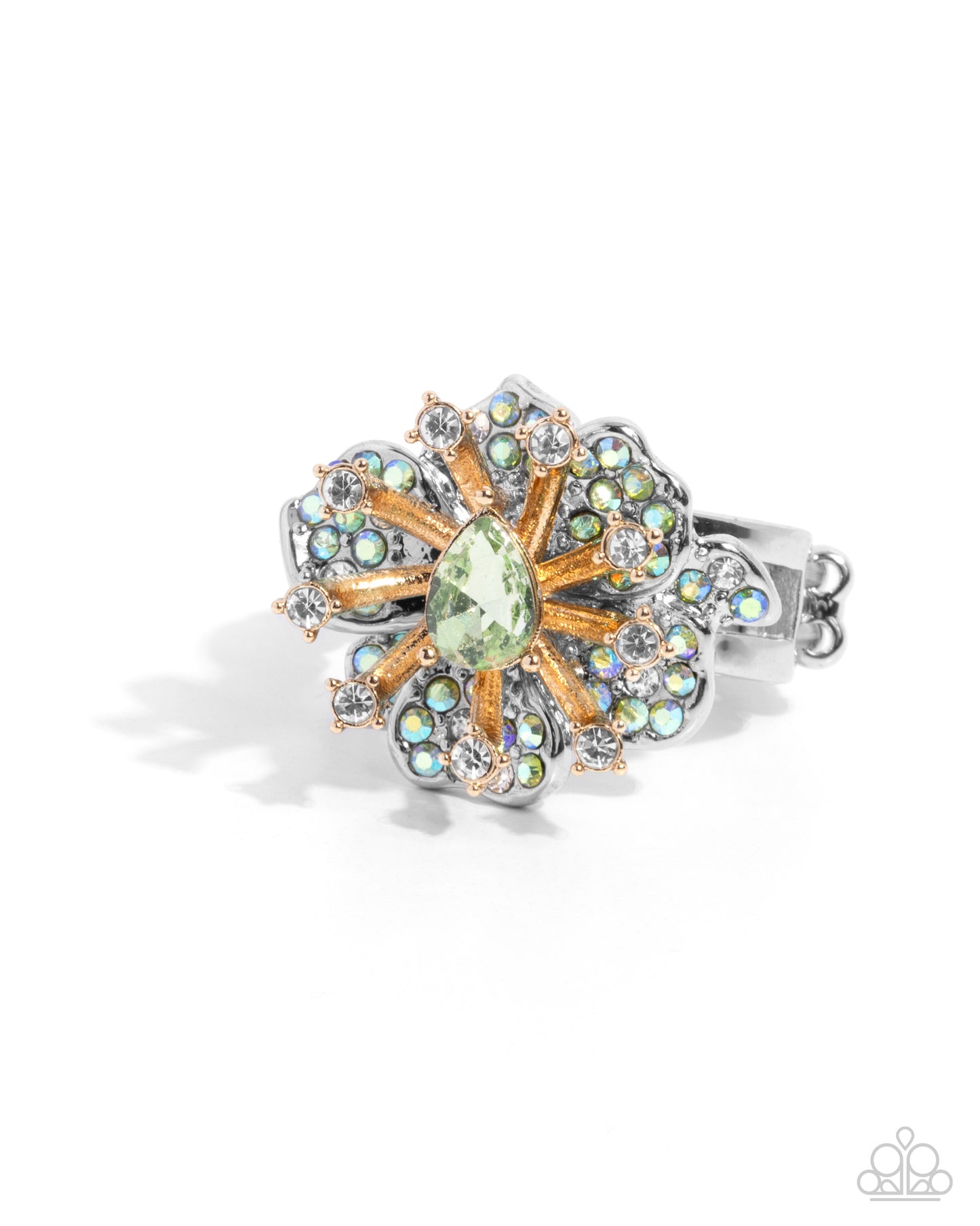 Decadent Display - Green, Iridescent, White, Gold Rhinestone Sunburst Paparazzi Ring