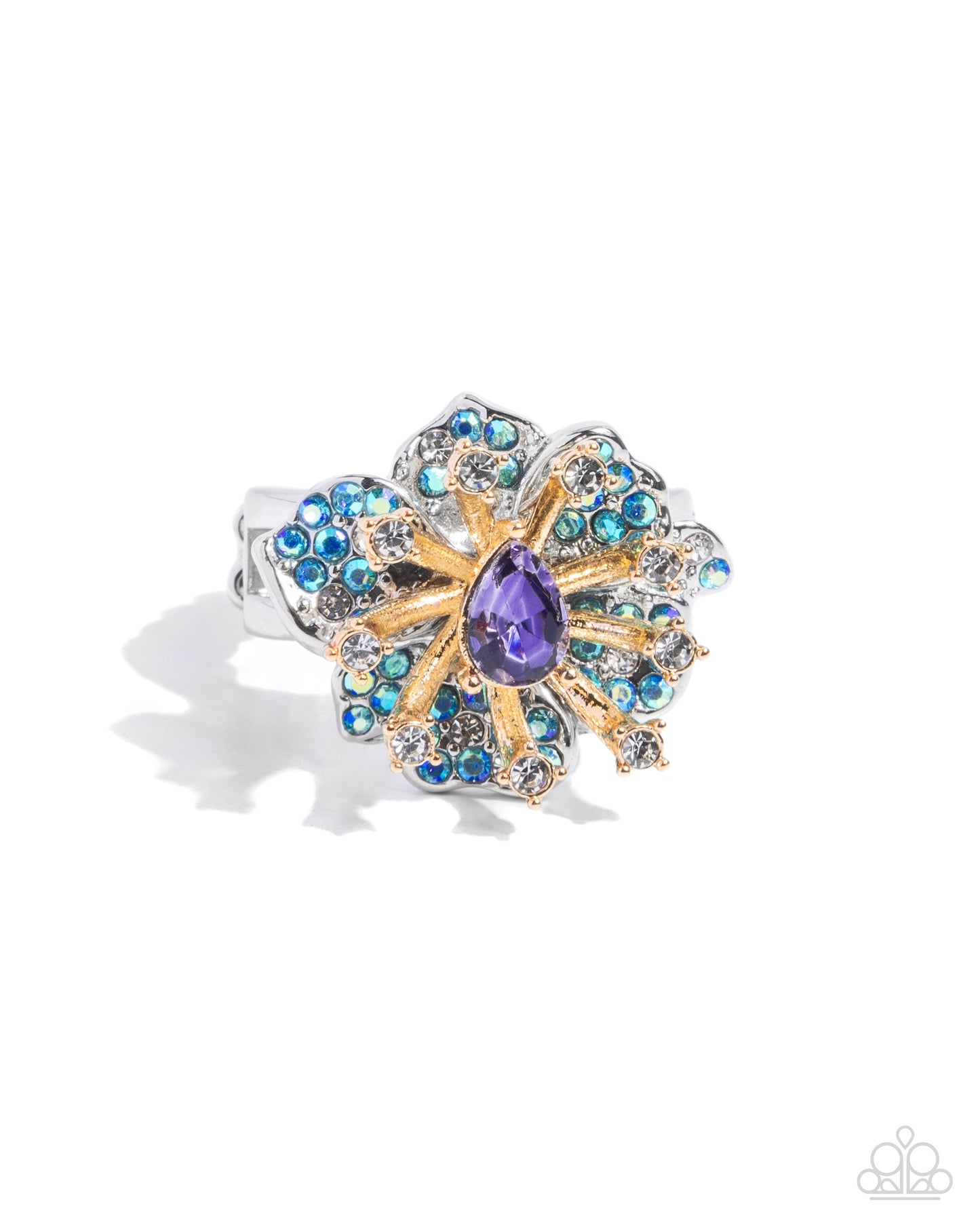 Decadent Display - Purple Center/Blue & White Rhinestone Floral Frame Paparazzi Ring