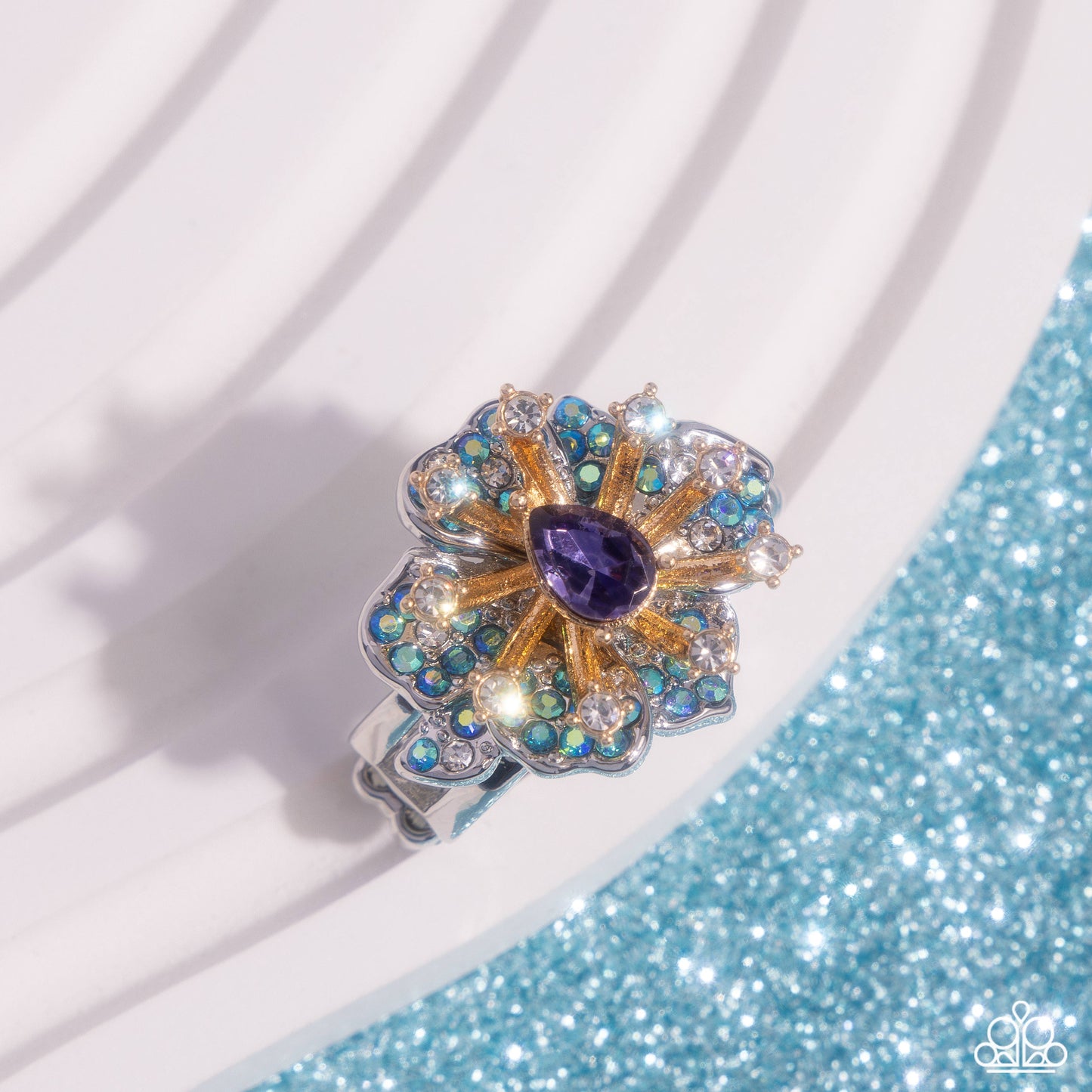 Decadent Display - Purple Center/Blue & White Rhinestone Floral Frame Paparazzi Ring
