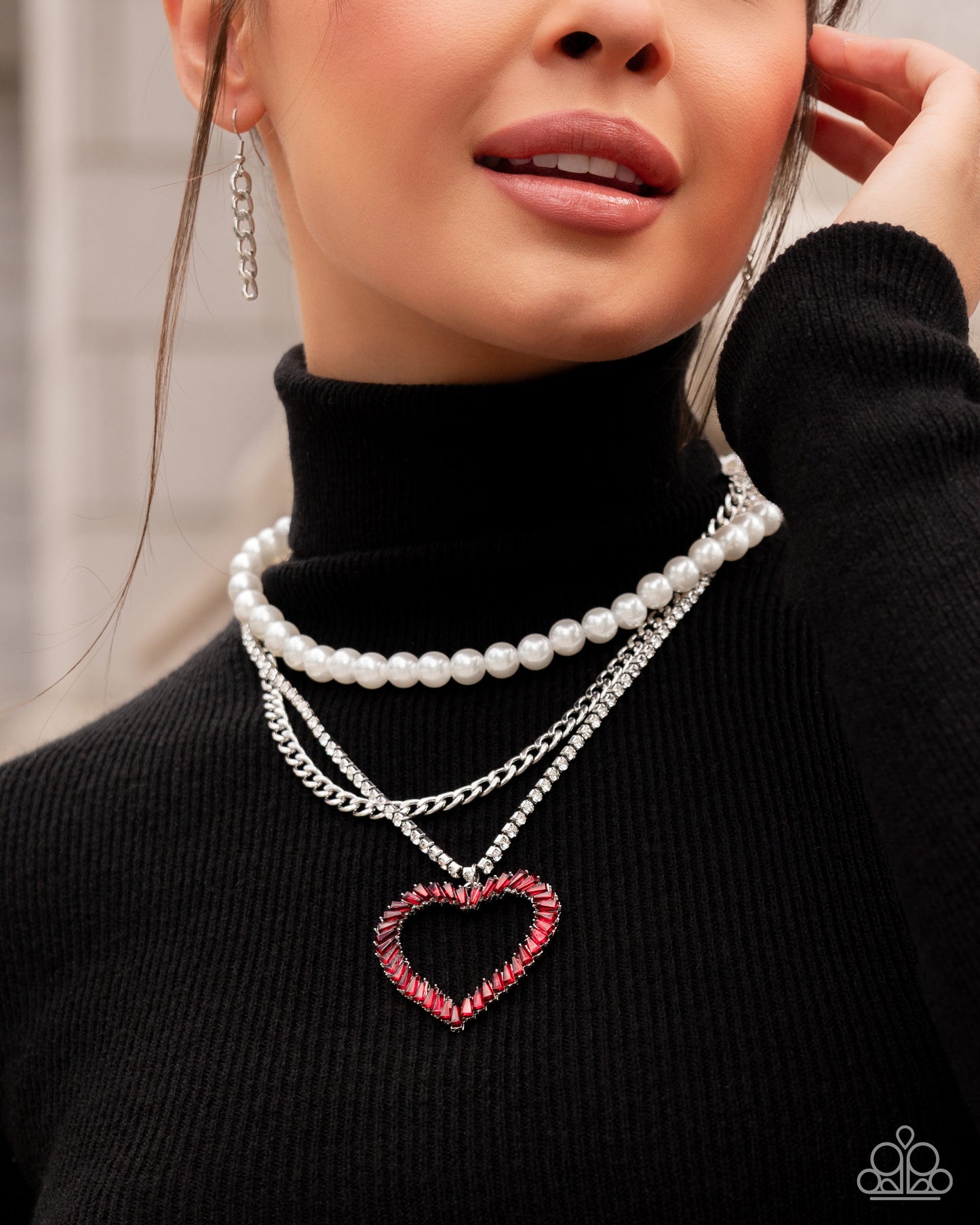 Y2K Year - Red Chiseled Gem Heart/Silver Chain/White Pearls Paparazzi Necklace & matching earrings