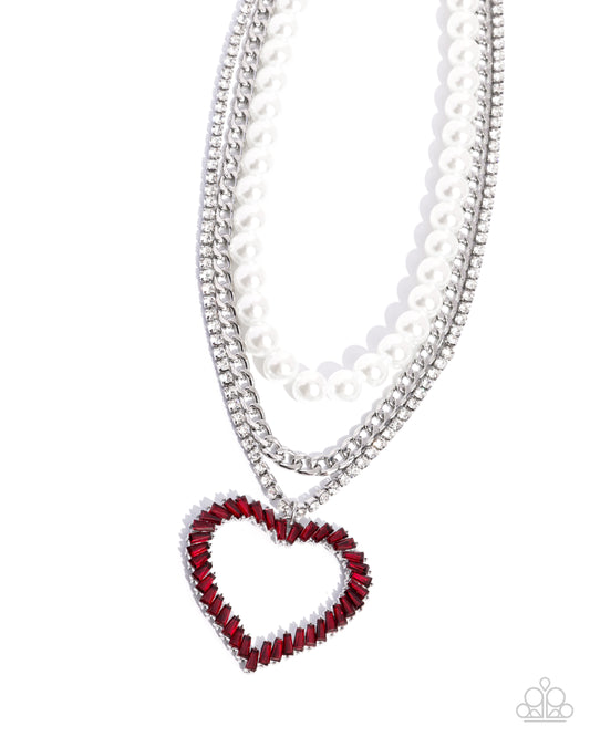 Y2K Year - Red Chiseled Gem Heart/Silver Chain/White Pearls Paparazzi Necklace & matching earrings