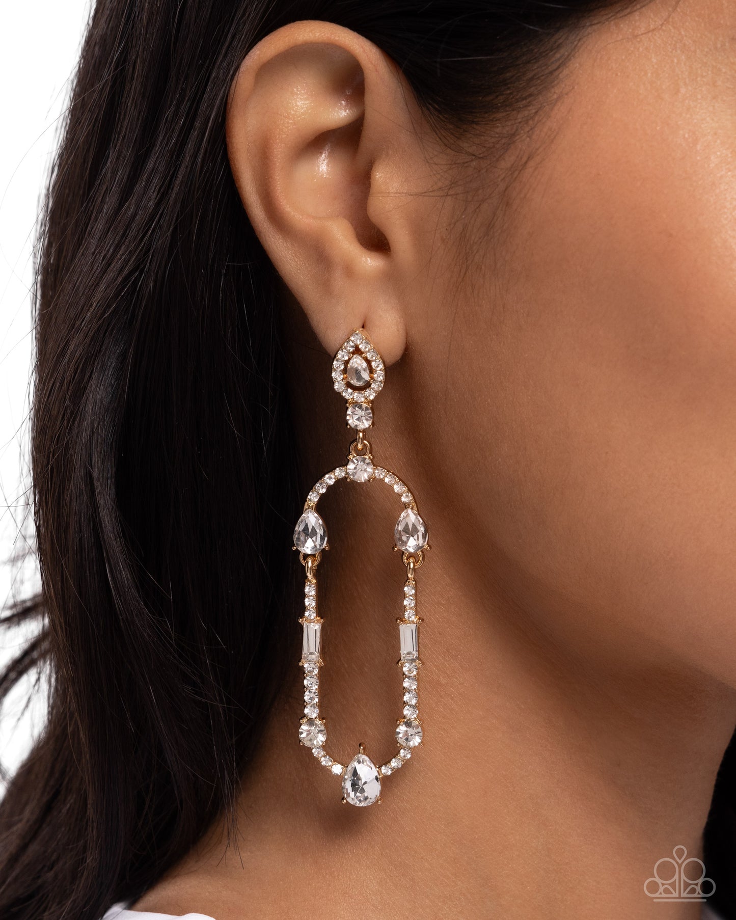 Hard to Forget - Gold Cylindrical Loop/White Rhinestones Paparazzi Earrings