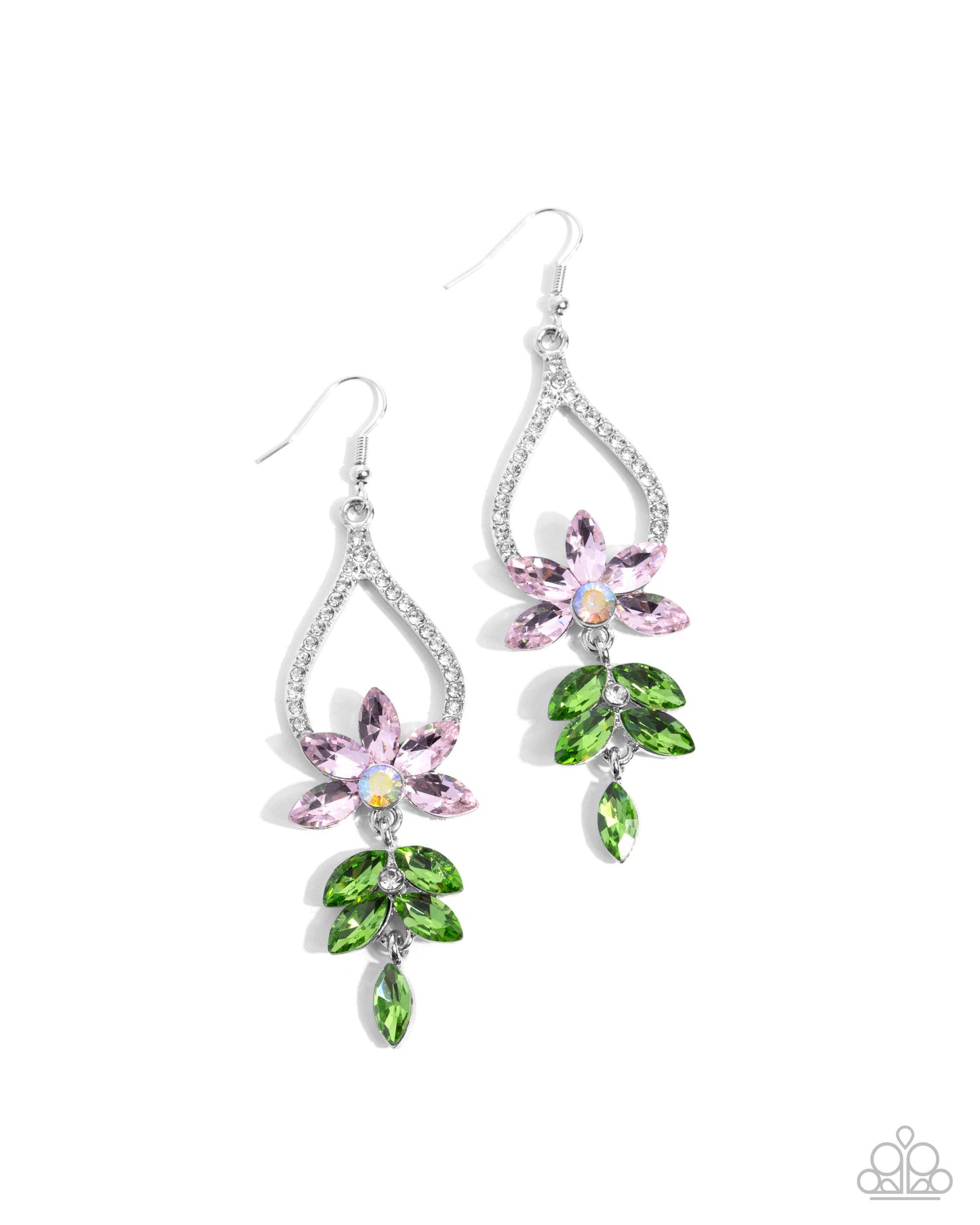 Floral Fuss - Pink/Iridescent Rhinestone Flowers & Green Gem Leaves Paparazzi Earrings