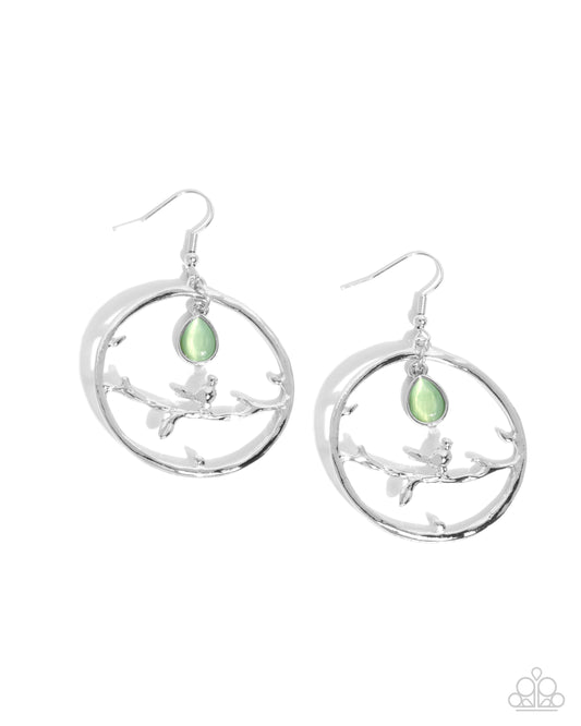 Picturesque Scene - Green Cat's Eye Stone & Silver 3D Bird Paparazzi Earrings