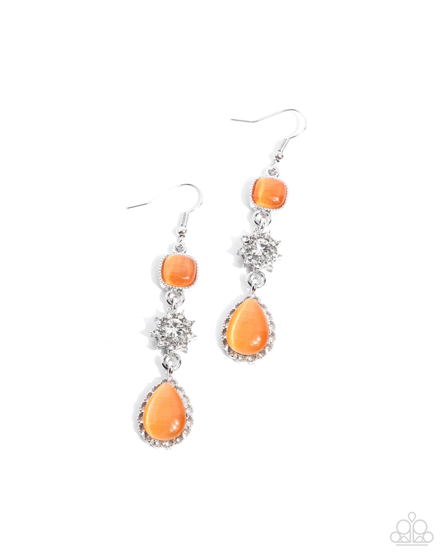 Feeling Fantastic - Orange Cat's Eye Stones/Silver & White Rhinestone Snowflake Paparazzi Earrings