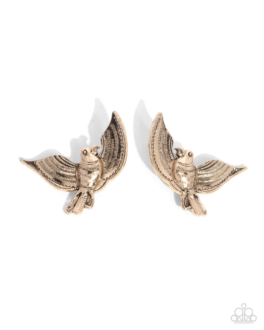 Bird of PLAY - Gold Oversized Antiqued Bird Paparazzi Earrings