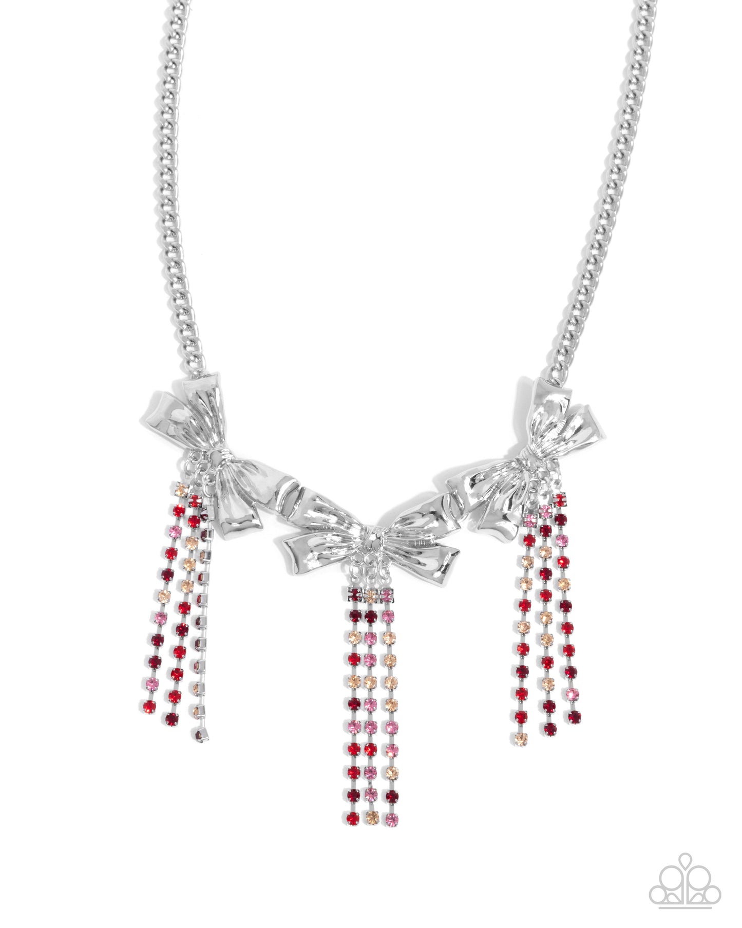 Victorian Influence - Red Rhinestone Tassels/Silver Bows Paparazzi Necklace & matching earrings