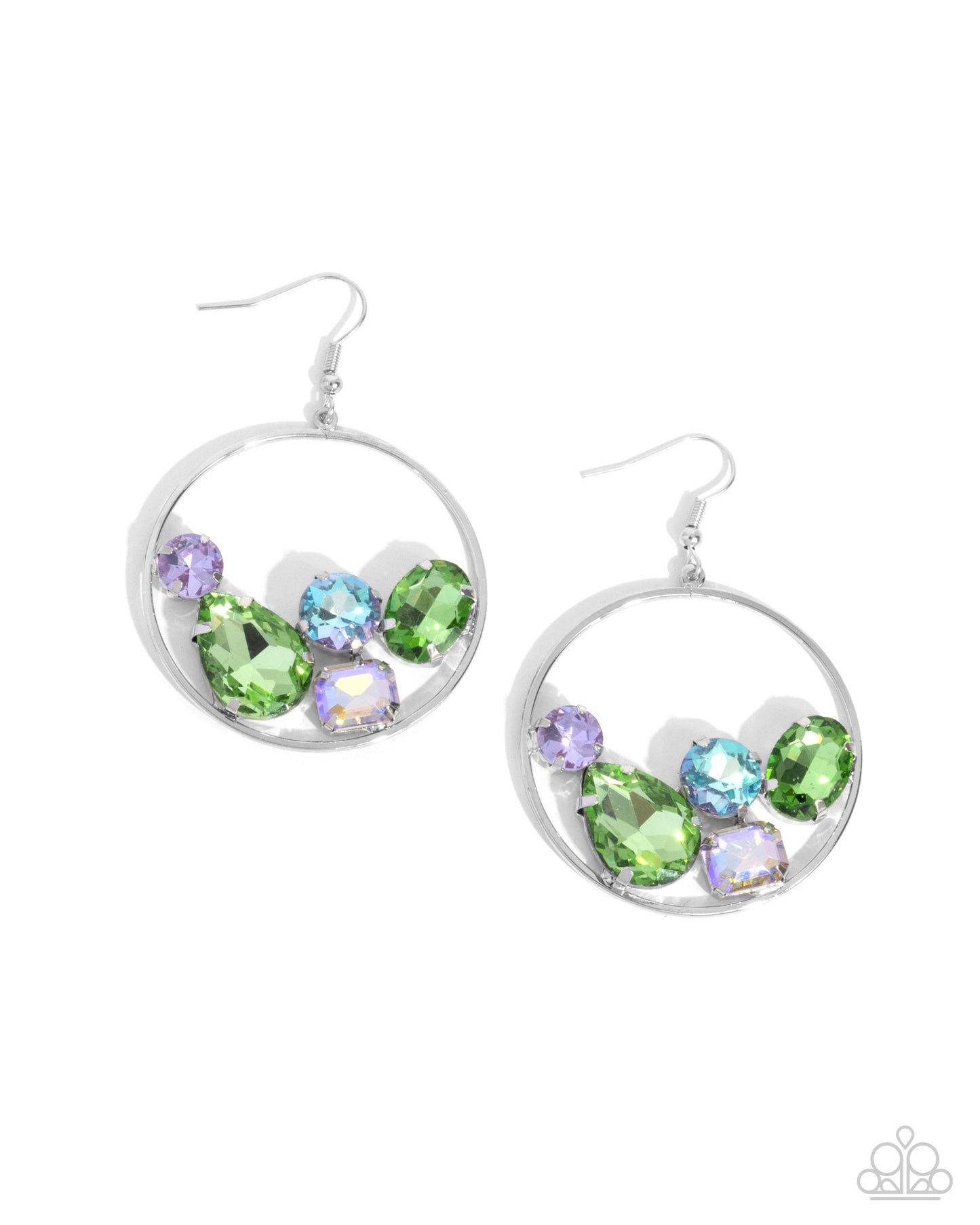 Treasure Timbre - Green, Blue, & Purple Gems/Silver Hoop Paparazzi Earrings