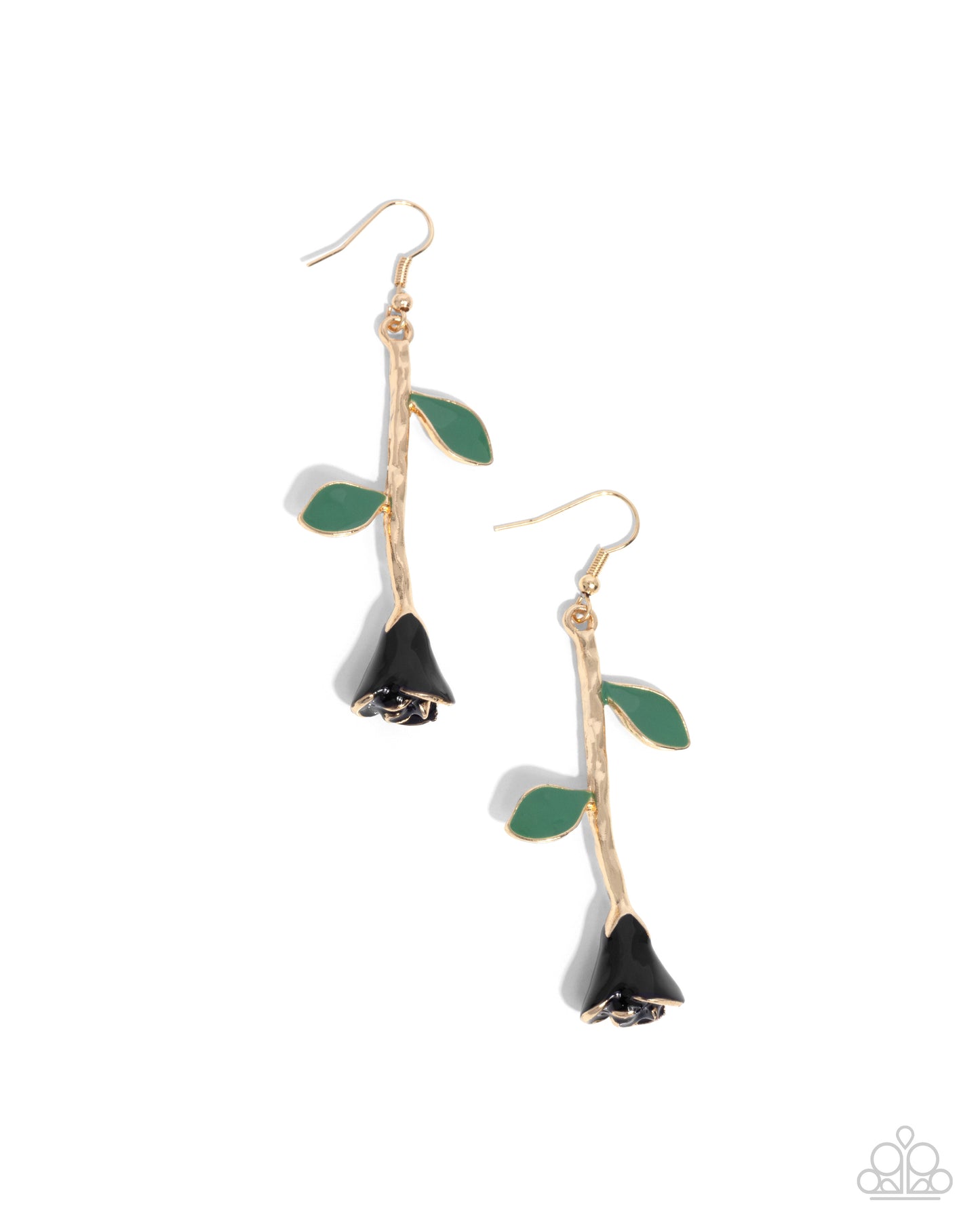 Rose Reality - Black Painted Rose, Green Painted Leaves, & Gold Stem Paparazzi Earrings