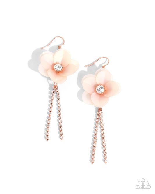 Serene State of Mind - Copper/White Rhinestone Tassels & Pink Sequin Flower Paparazzi Earrings