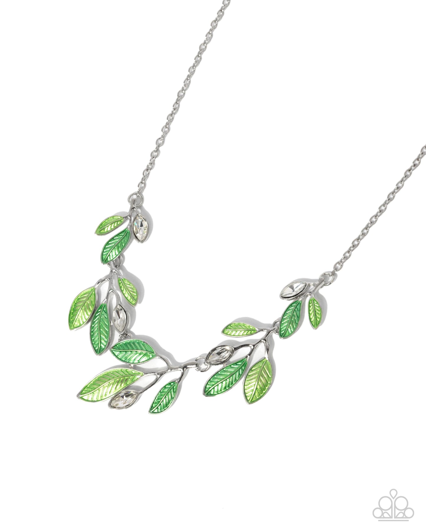 Lyrical Leaves - Green Leaves/Silver Branches/White Gems Paparazzi Necklace & matching earrings