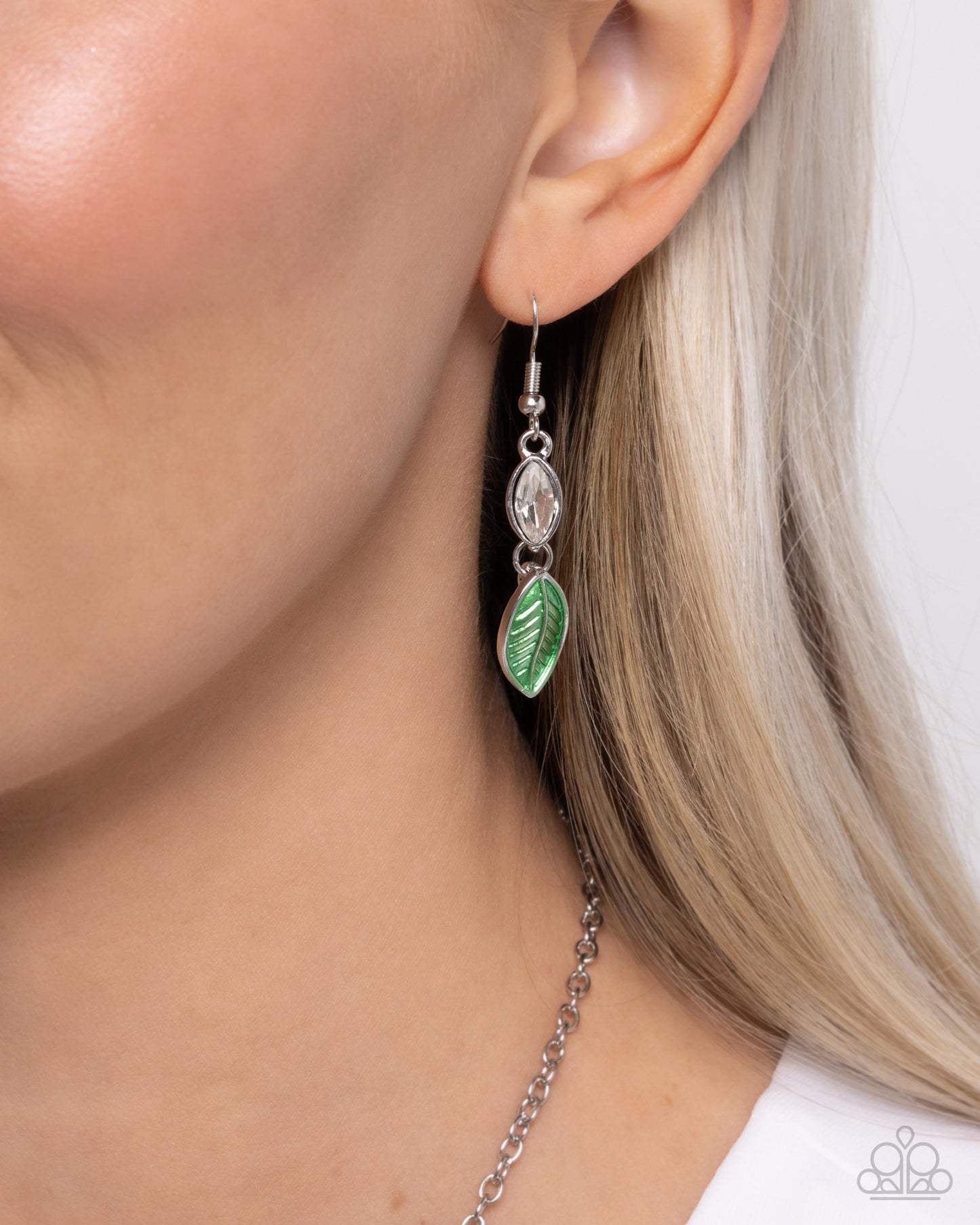 Lyrical Leaves - Green Leaves/Silver Branches/White Gems Paparazzi Necklace & matching earrings