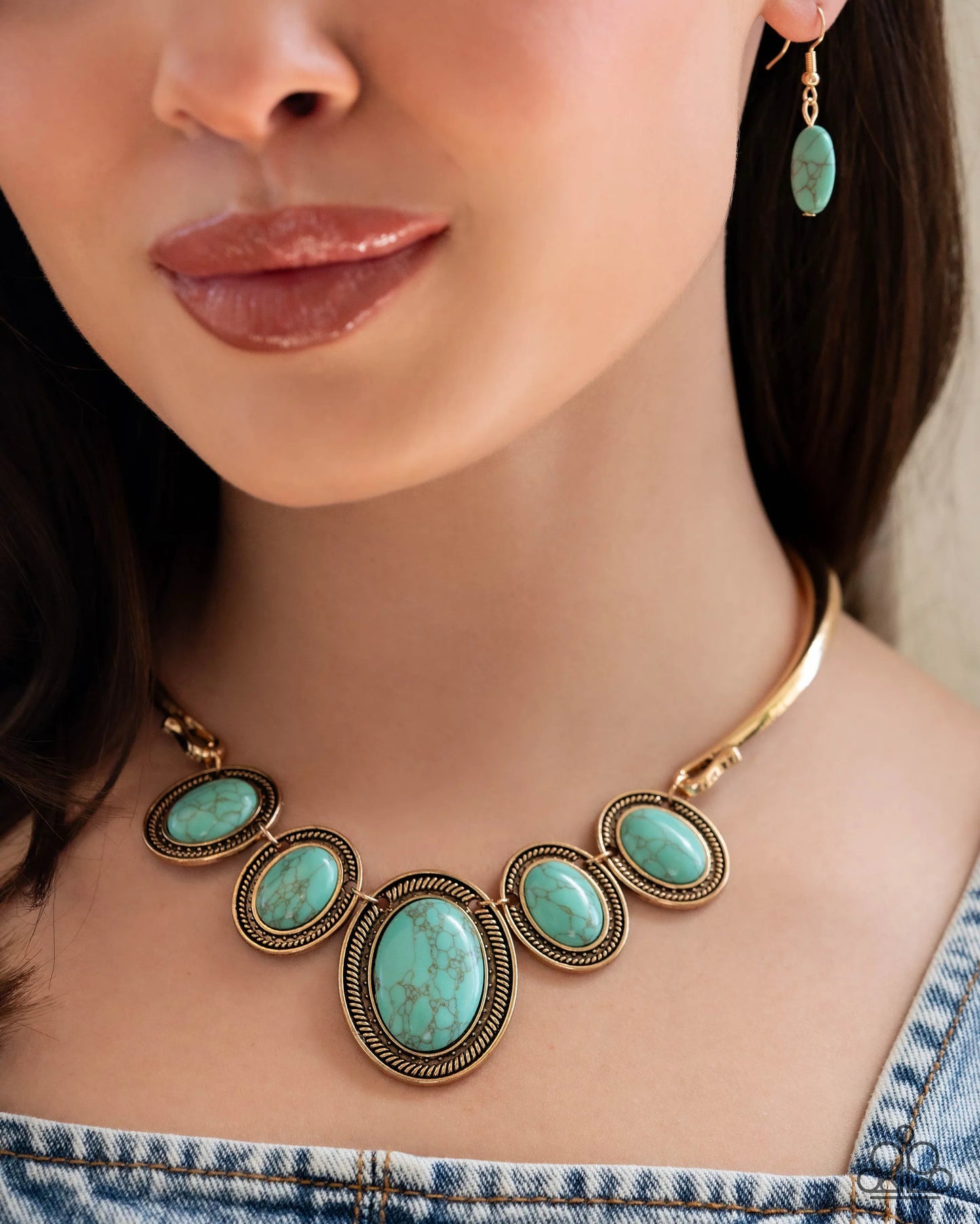 River Ride - Gold Bar Chain/Turquoise Stones Paparazzi Necklace & matching earrings