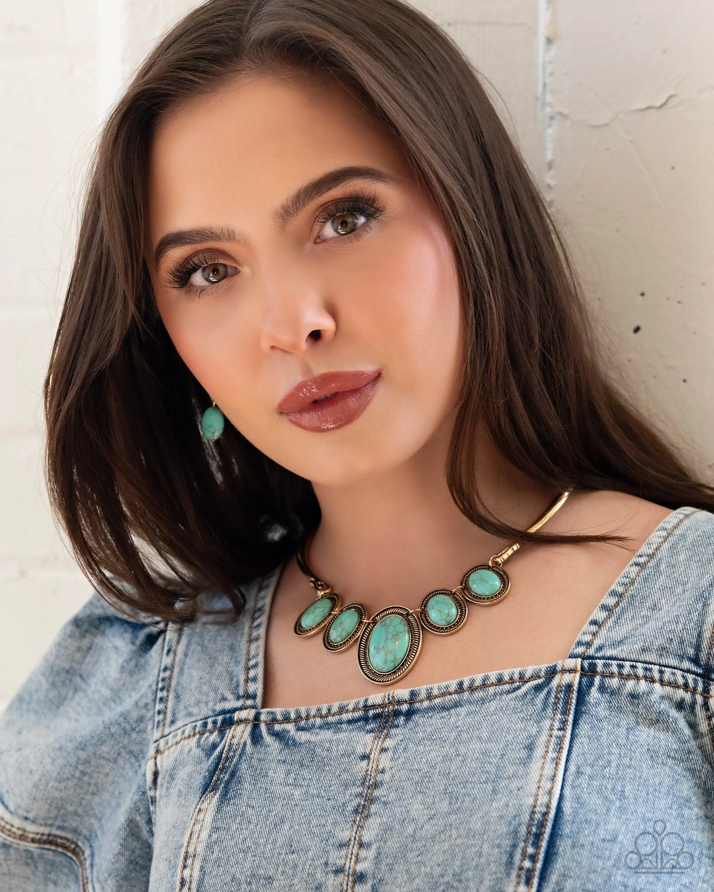 River Ride - Gold Bar Chain/Turquoise Stones Paparazzi Necklace & matching earrings