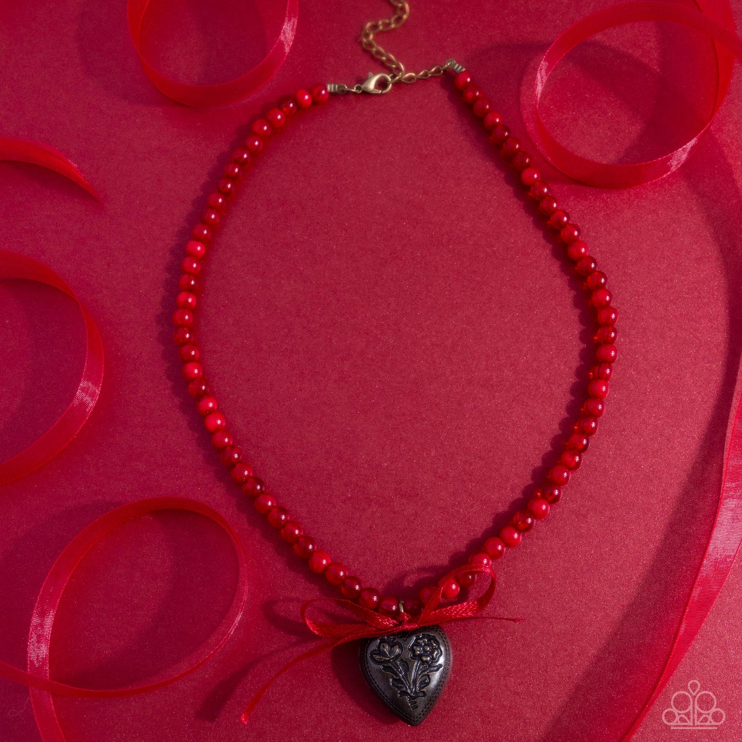 Tasteful Trimming - Red Acrylic Beads/Red Bow/Brass Heart Pendant Paparazzi Necklace & matching earrings