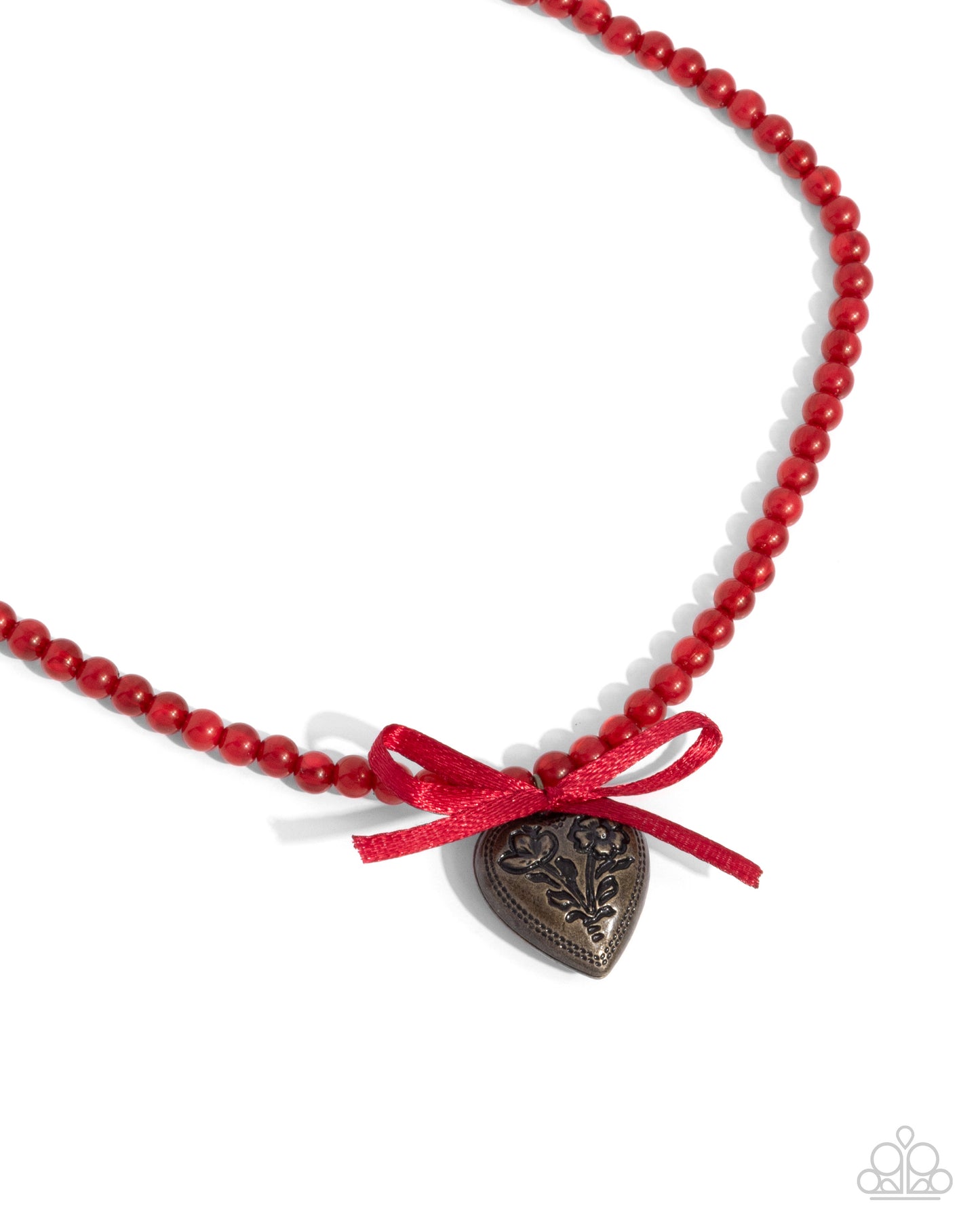 Tasteful Trimming - Red Acrylic Beads/Red Bow/Brass Heart Pendant Paparazzi Necklace & matching earrings