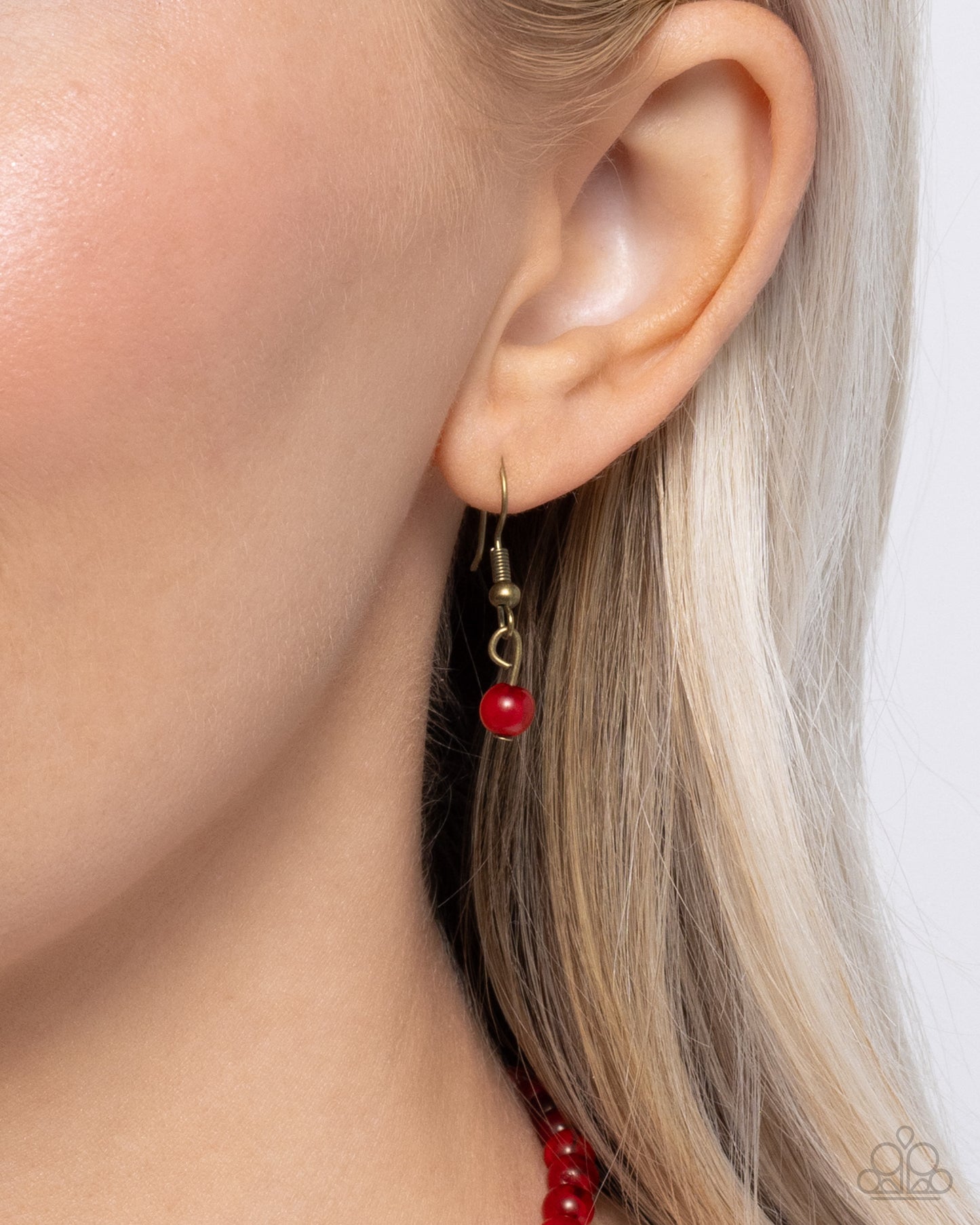 Tasteful Trimming - Red Acrylic Beads/Red Bow/Brass Heart Pendant Paparazzi Necklace & matching earrings