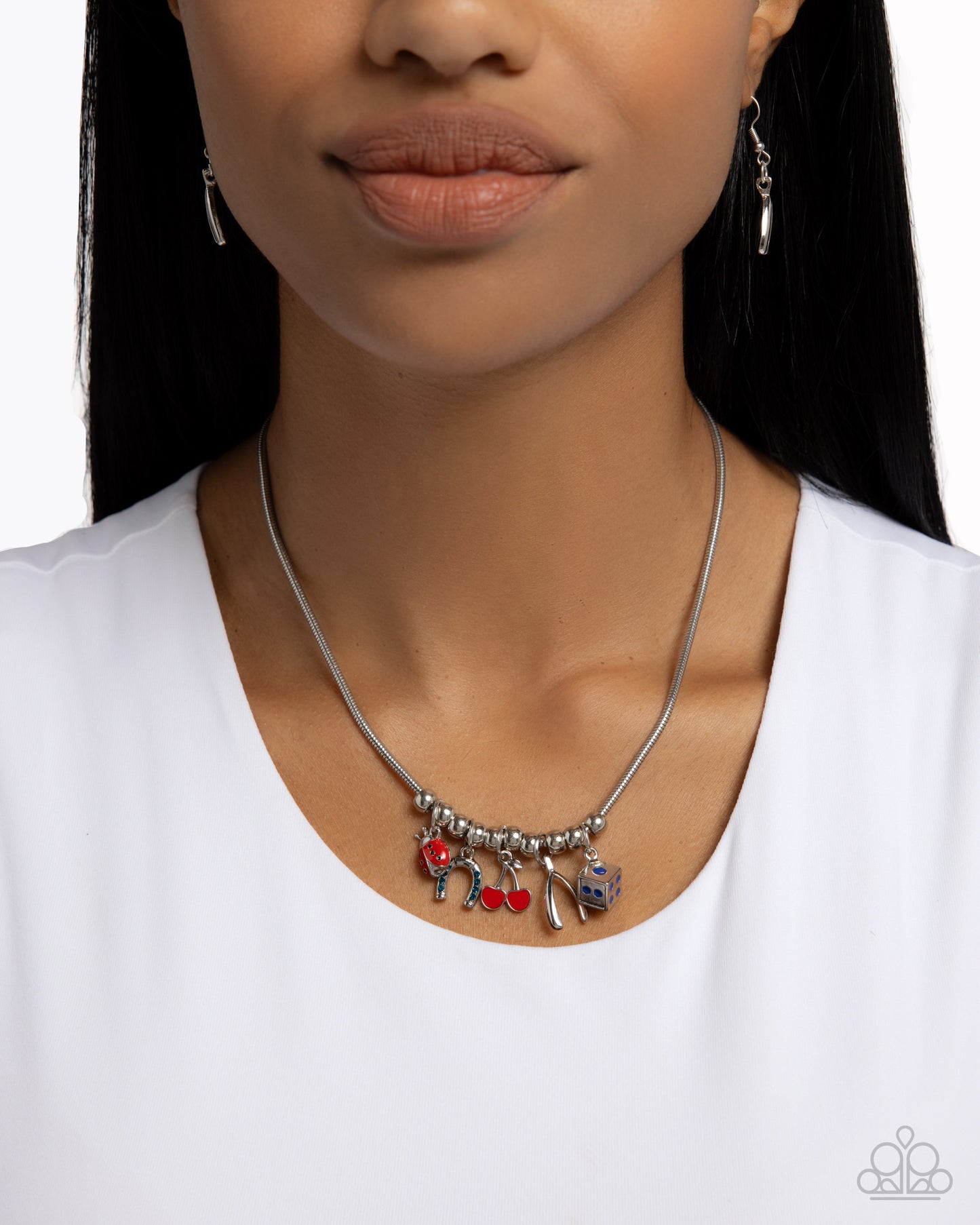 As Luck Would Have It - Blue Rhinestone Horseshoe/Ladybug/Cherry Charms Paparazzi Necklace & matching earrings