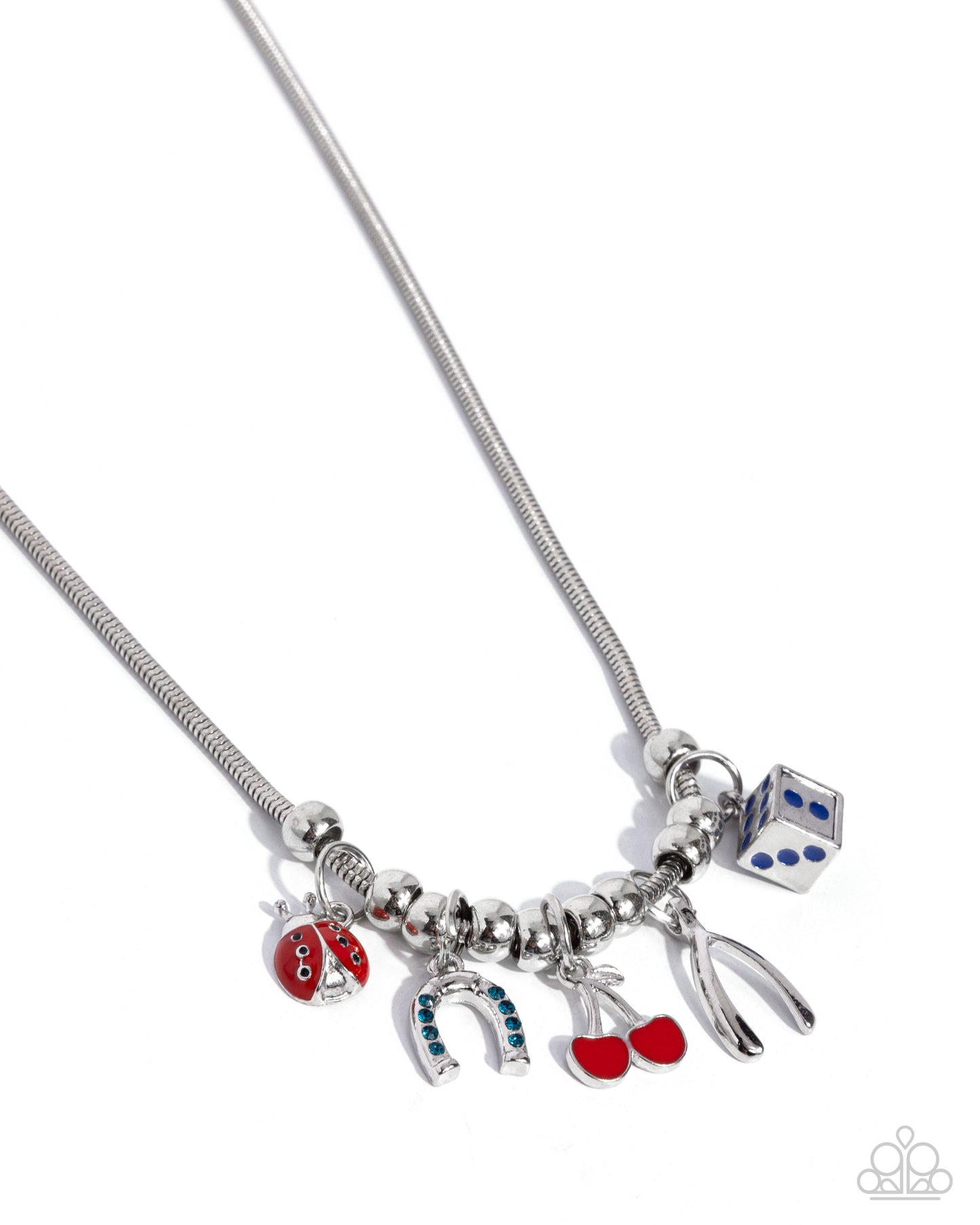As Luck Would Have It - Blue Rhinestone Horseshoe/Ladybug/Cherry Charms Paparazzi Necklace & matching earrings