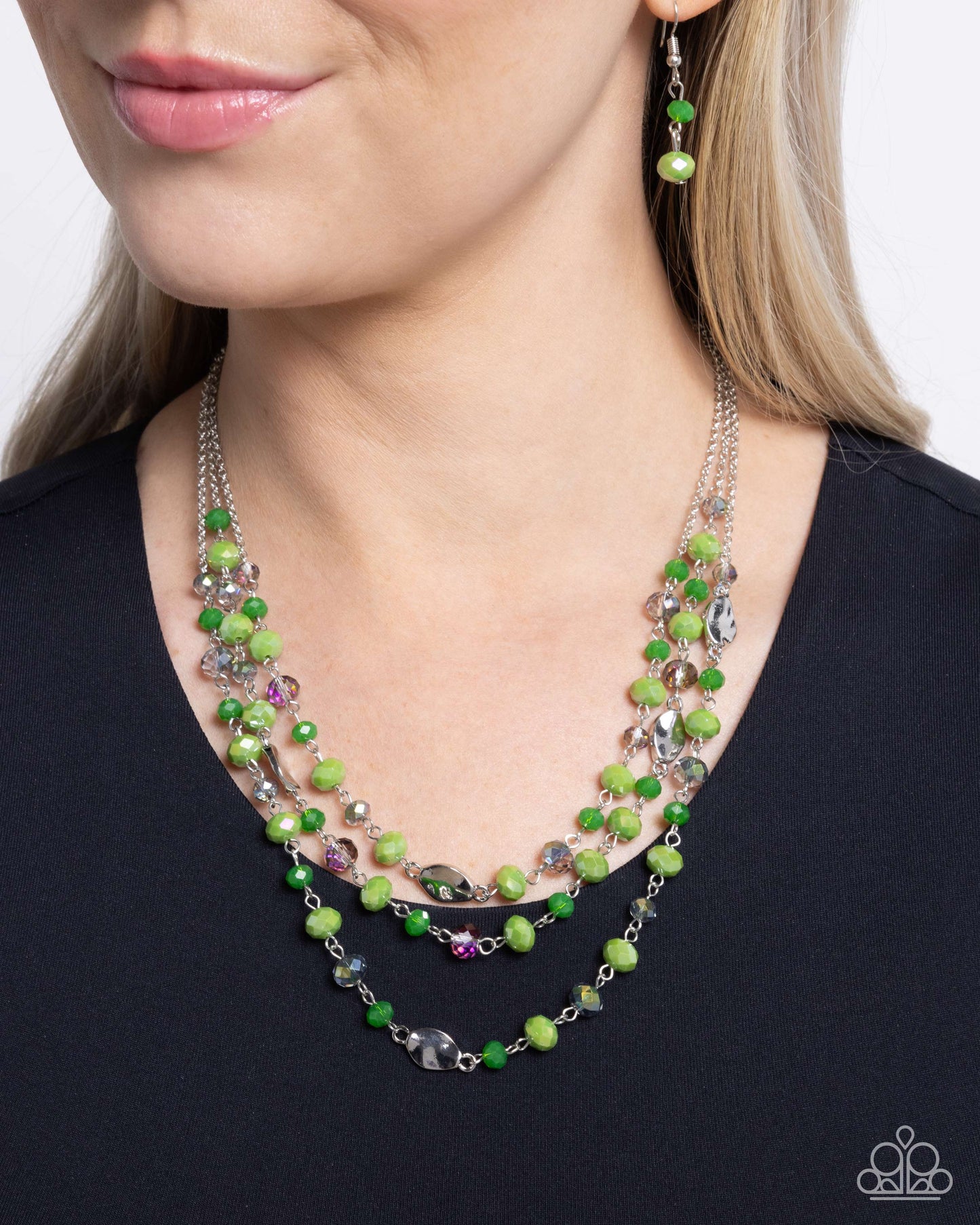 Radiantly Rich - Green Faceted Beads/Hammered Silver Beaded Paparazzi Necklace & matching earrings