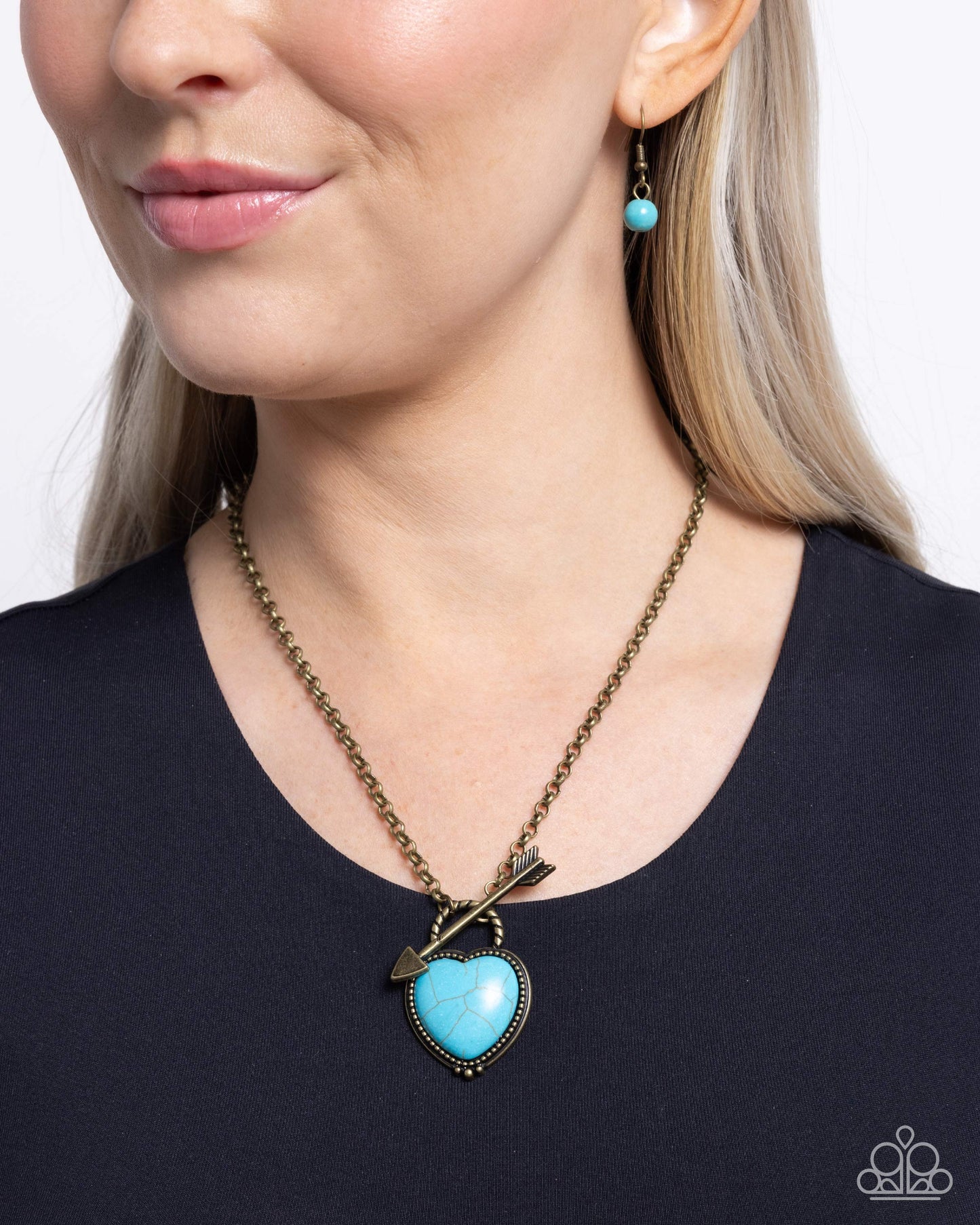Artful Arrow - Brass Cable Chain/Turquoise Stone Heart Pendant Paparazzi Necklace & matching earrings