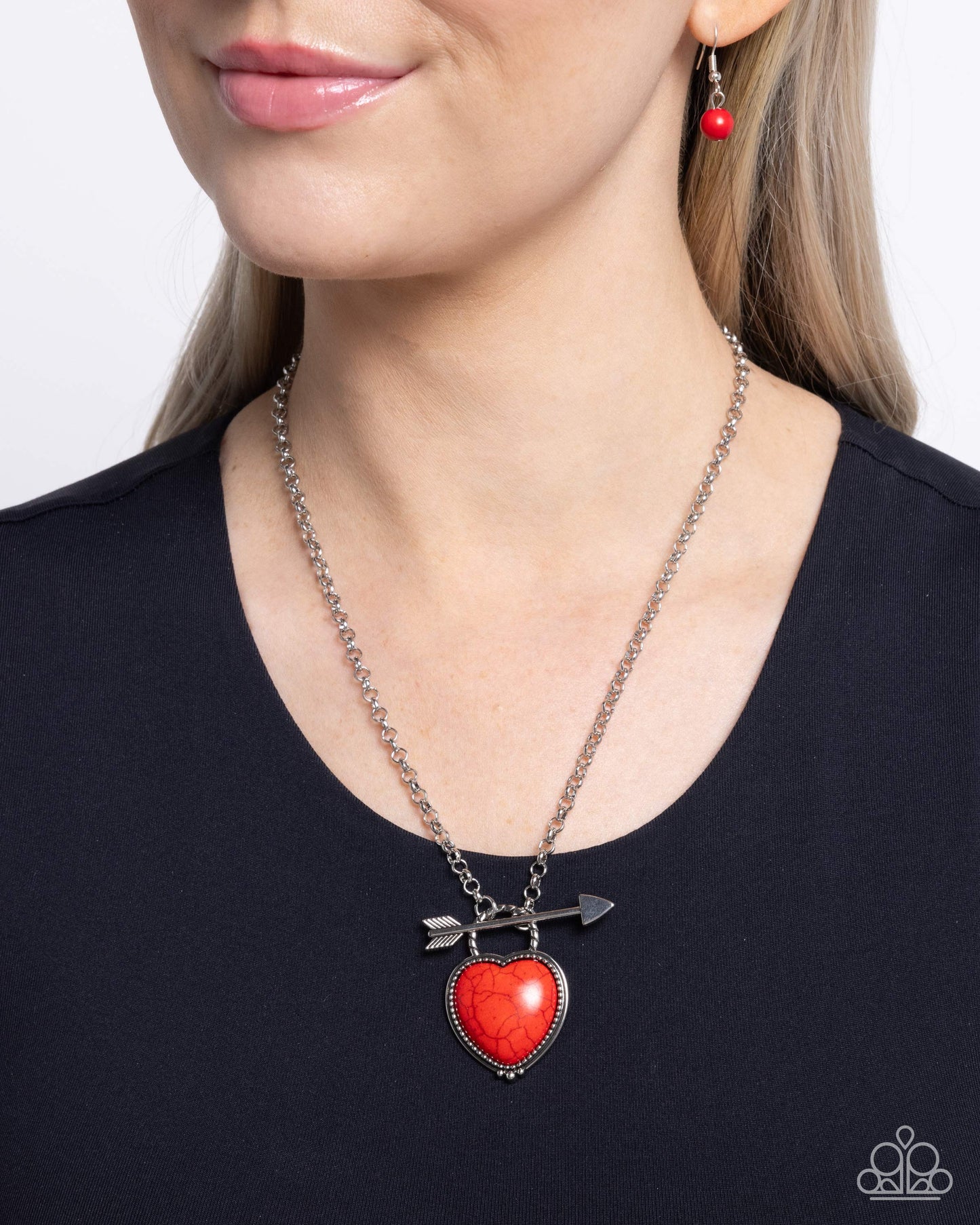 Artful Arrow - Red Heart Stone Pendant Paparazzi Necklace & matching earrings